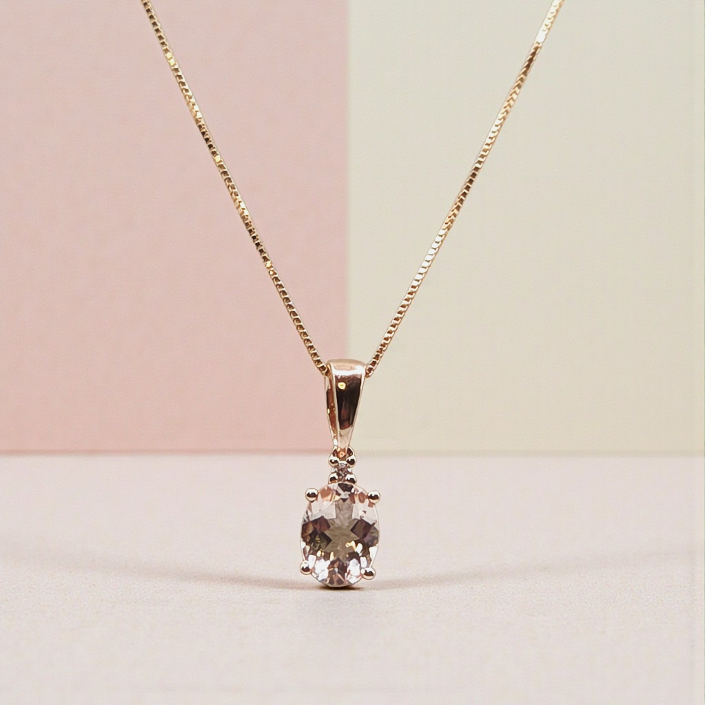 Solid 10K Yellow Gold Necklace with Morganite Pendant - 18 Inches