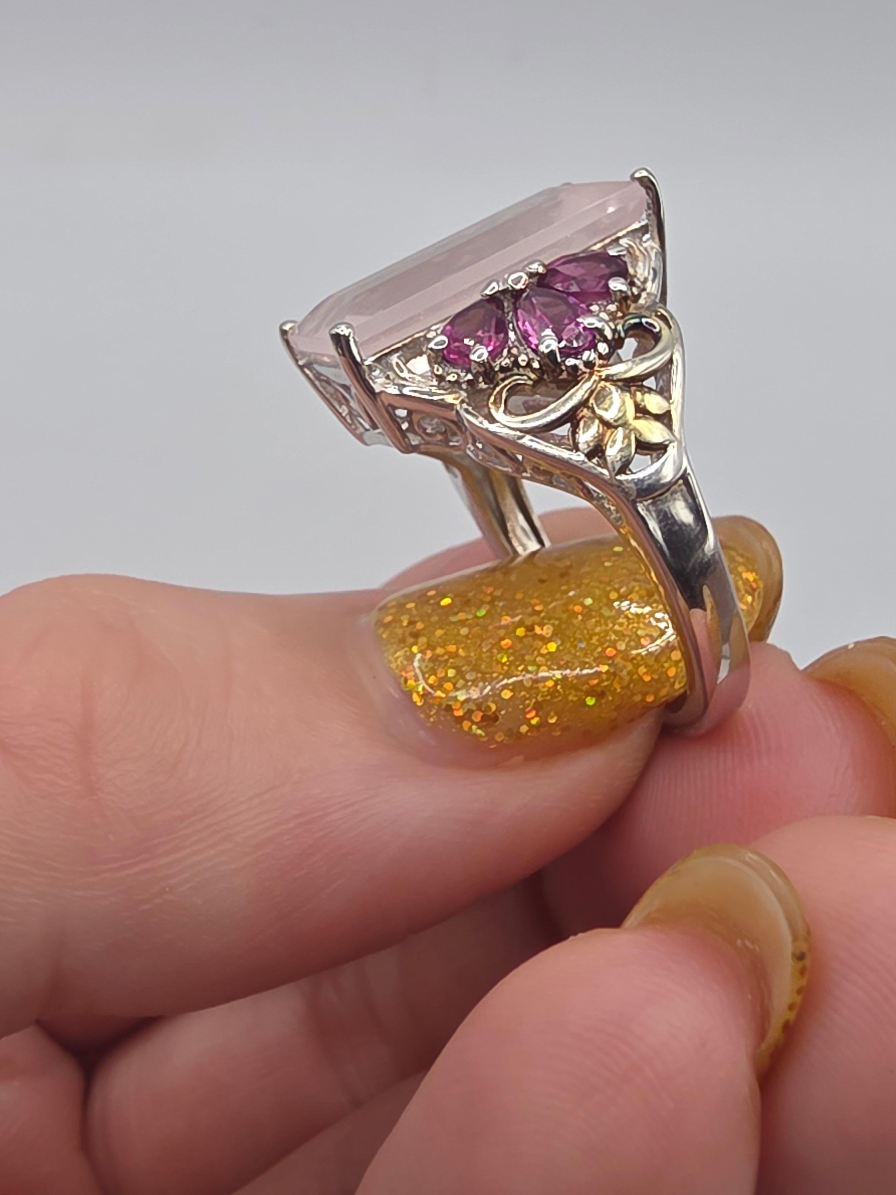 STS Jewels Sterling Silver Pink Quarts & Rhodolite Ring 18K Gold Accents Size 7
