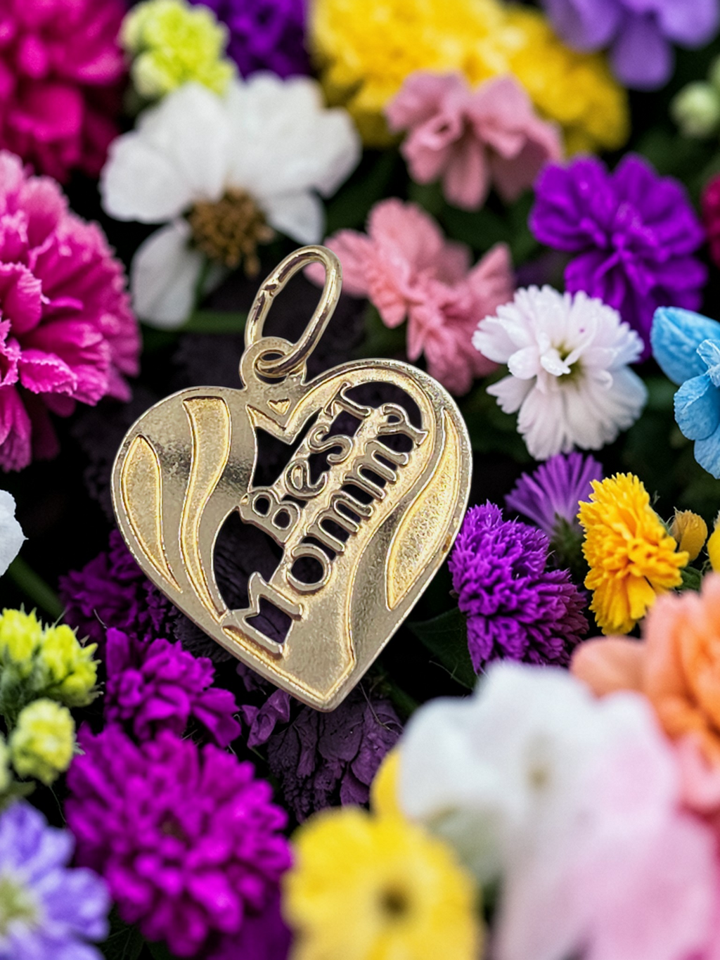 Solid 14K Yellow Gold Best Mommy Heart Necklace Pendant