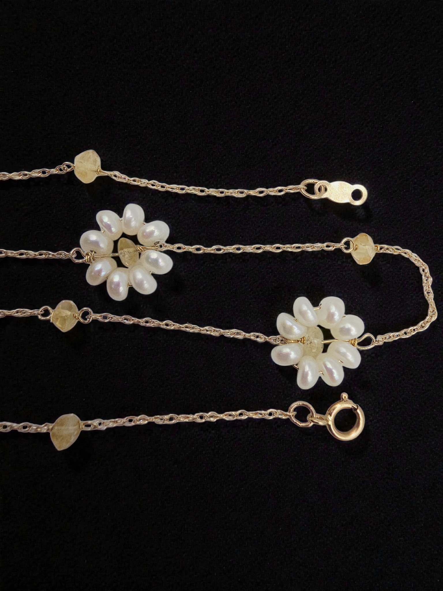 Solid 14K Yellow Gold Chain Necklace with Floral Pearl Accents - 15 Inches