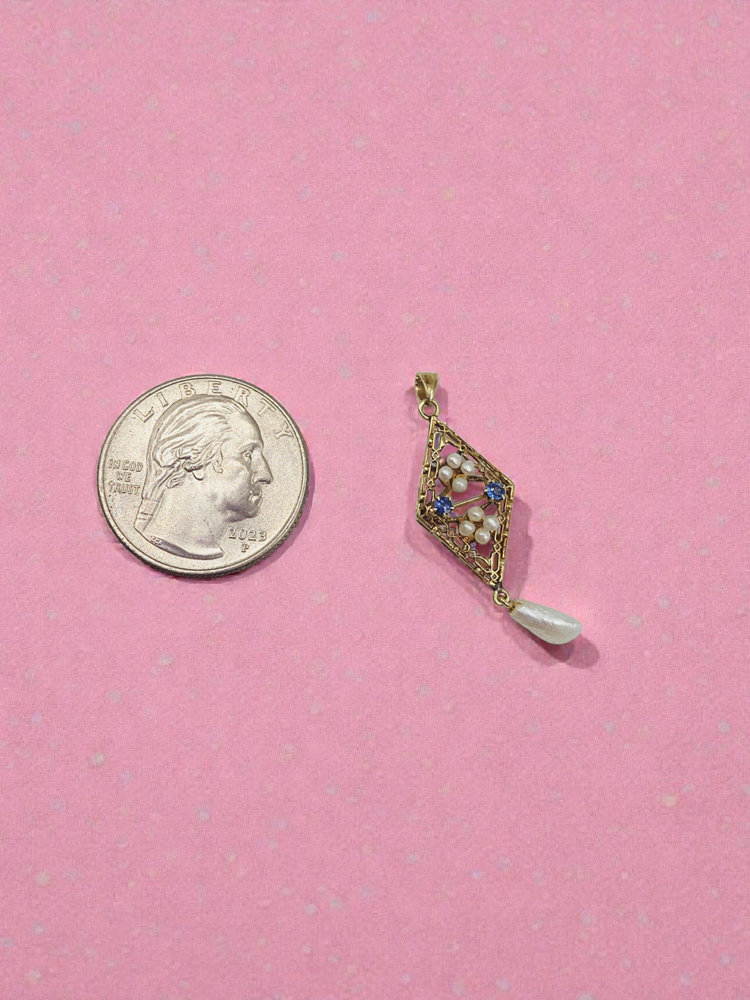 Edwardian Solid 14K Yellow Gold Lavalier Pendant with Pearls and Sapphires