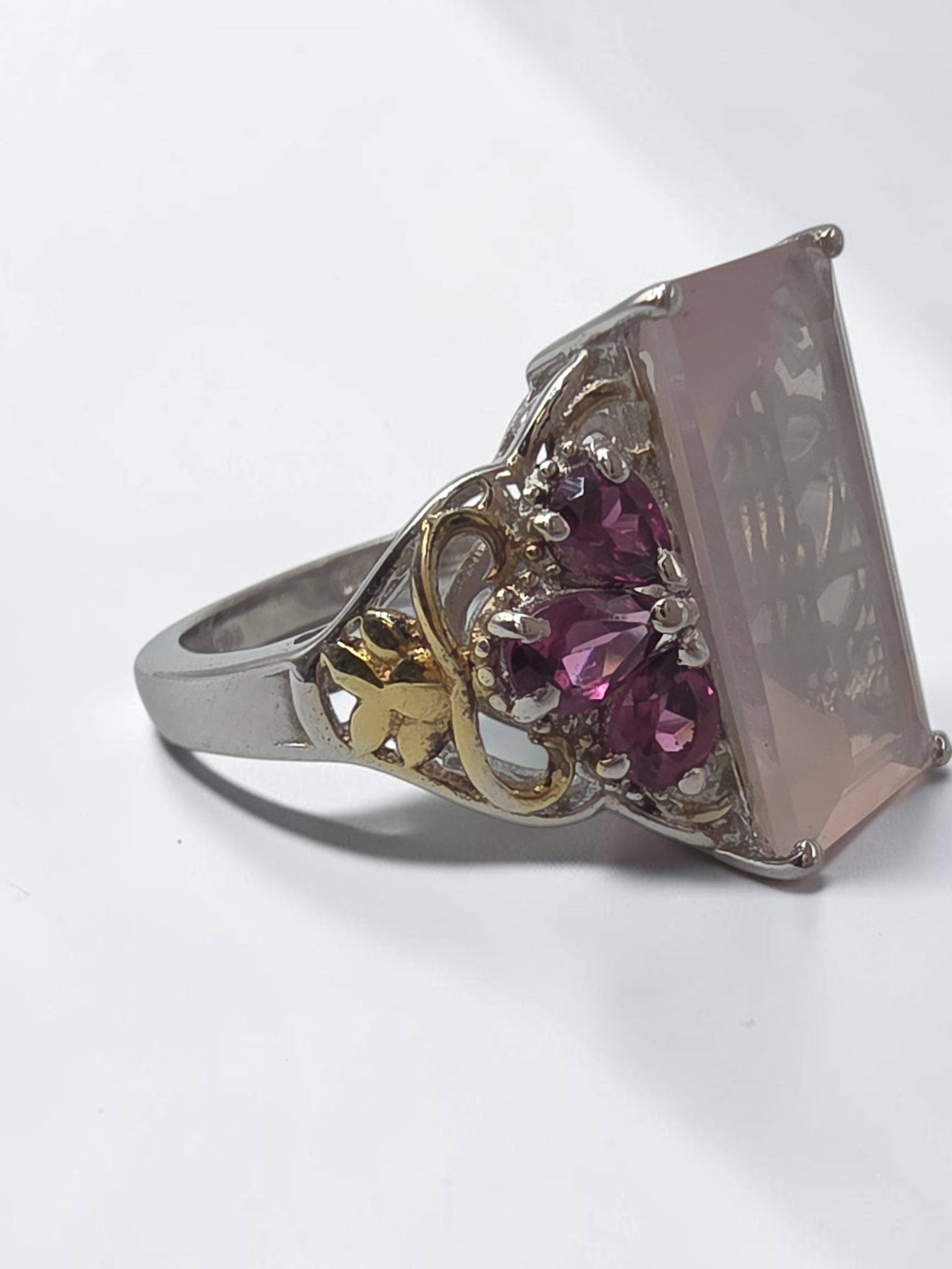 STS Jewels Sterling Silver Pink Quarts & Rhodolite Ring 18K Gold Accents Size 7