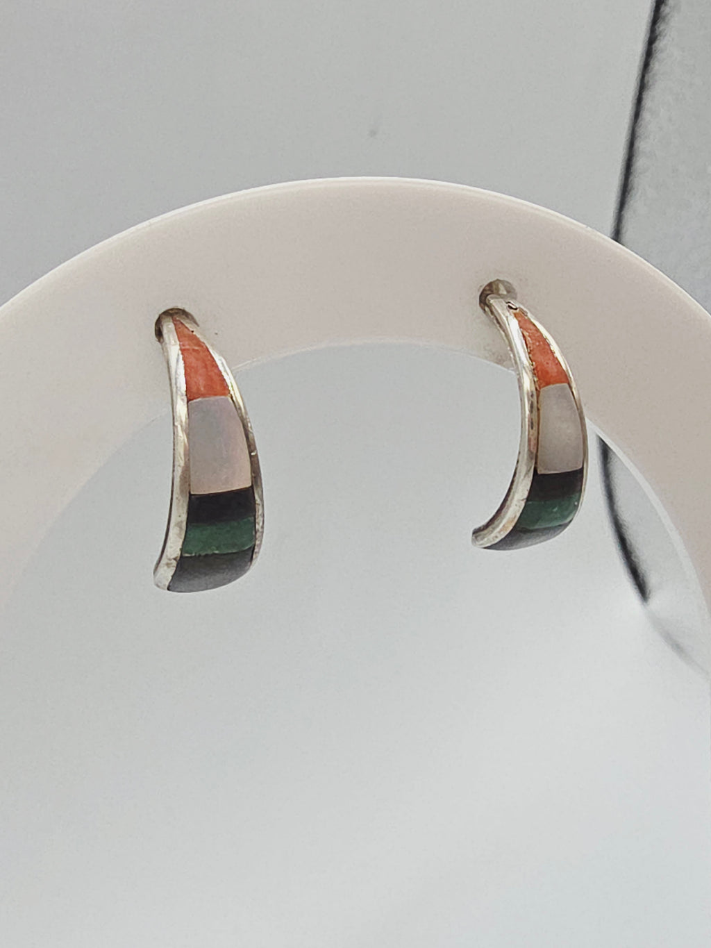 925 Sterling Silver Inlay Earrings Mother of Pearl Enamel Southwest Style