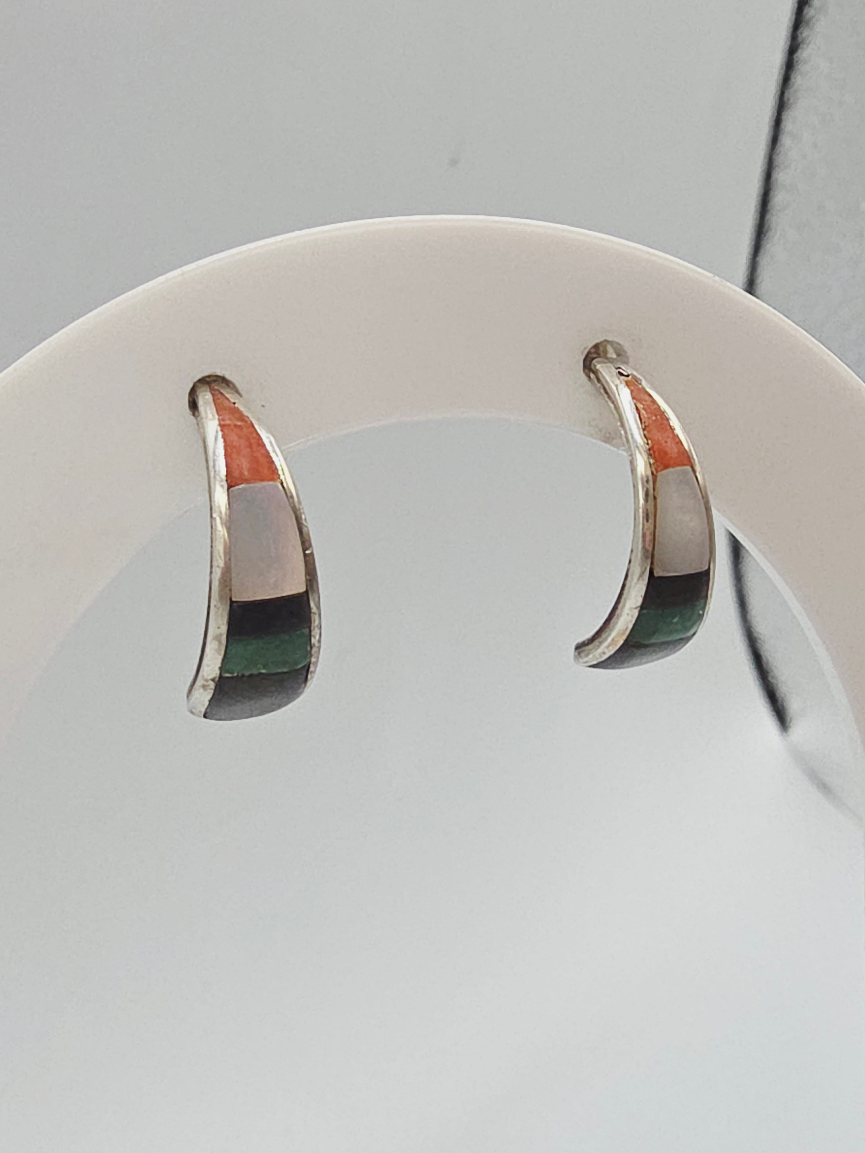 925 Sterling Silver Inlay Earrings Mother of Pearl Enamel Southwest Style