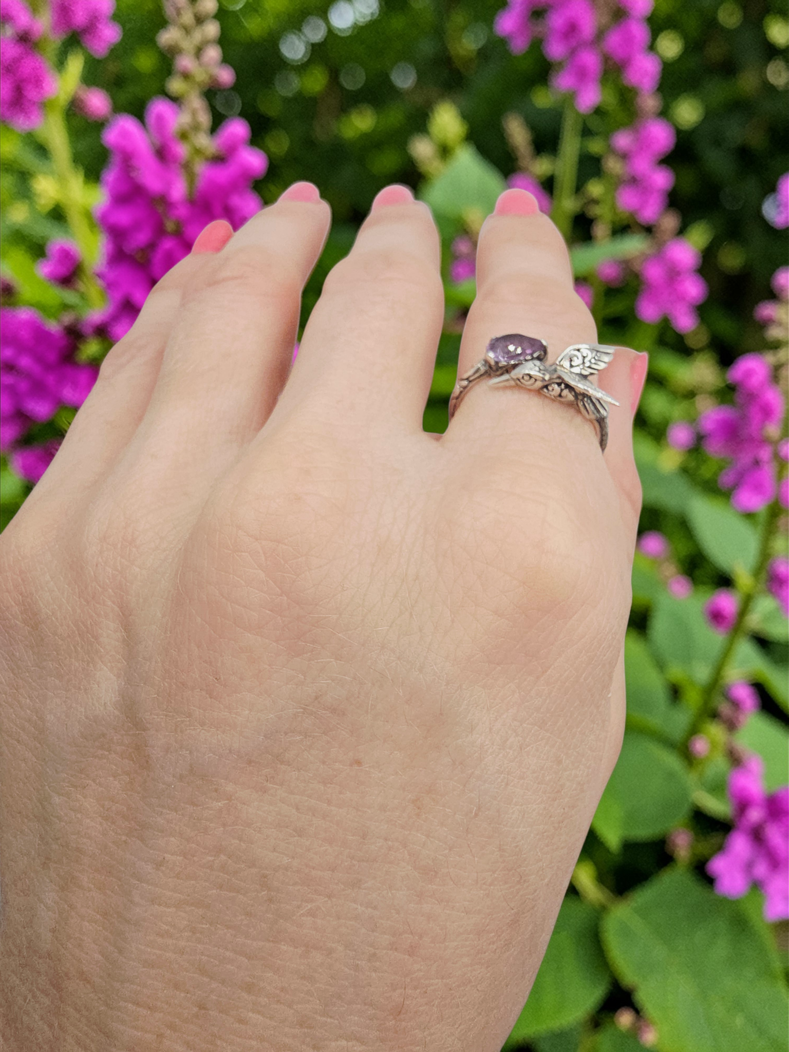 925 Sterling Silver Ring with Pear Cut Amethyst & Hummingbird - Size 8