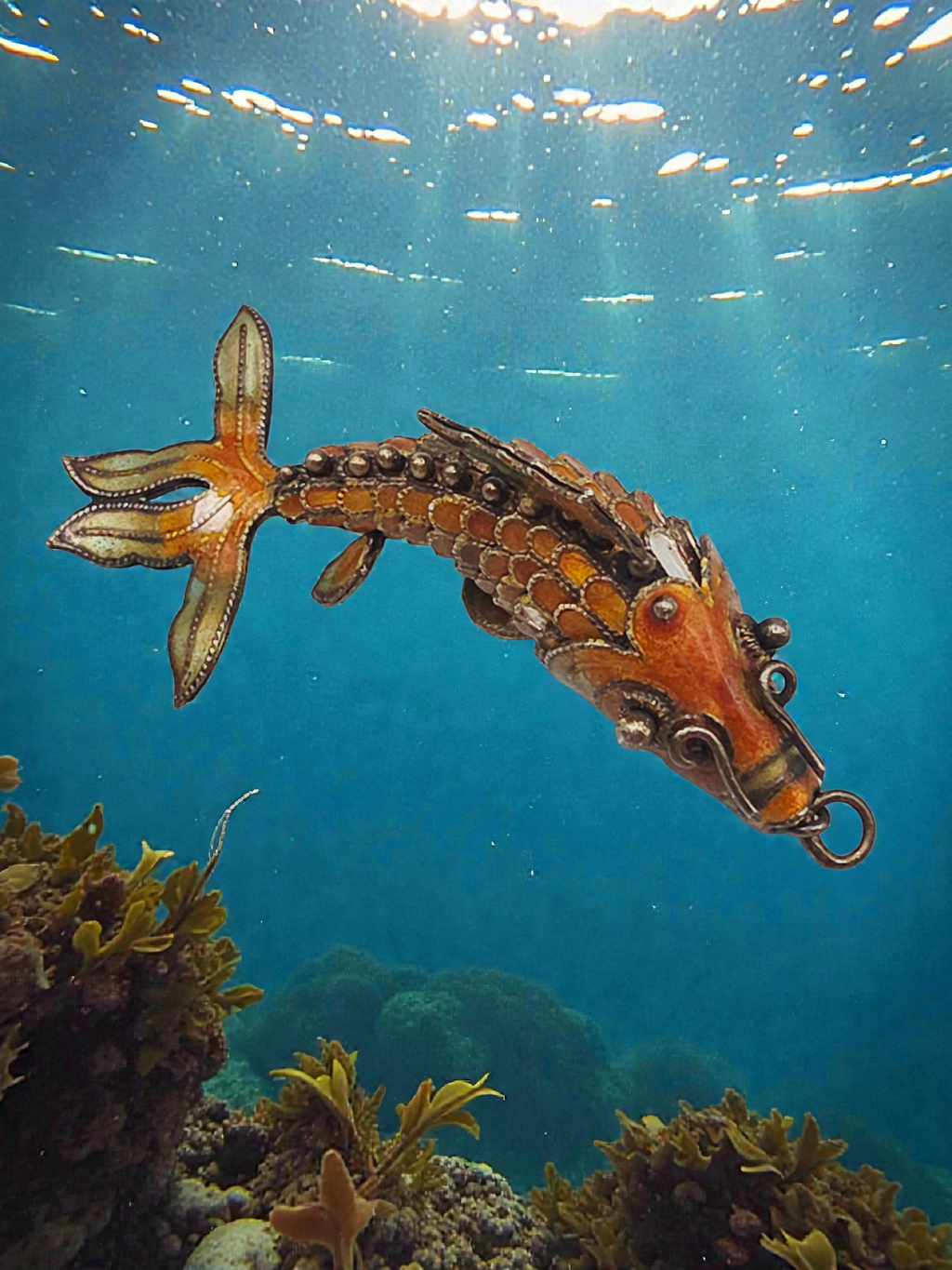 925 Sterling Silver Orange Enamel Koi Fish Articulating Necklace Pendant