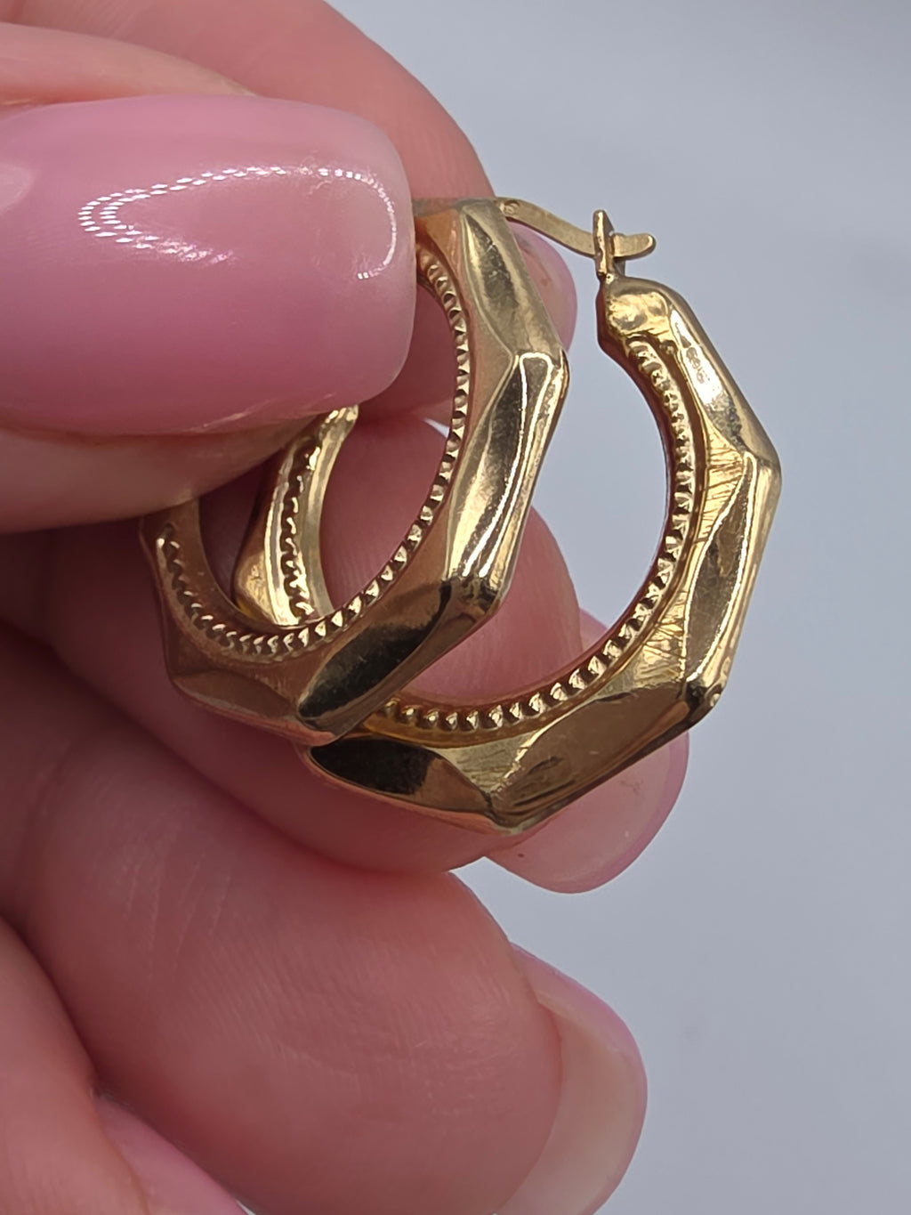 Vintage Solid 10K Yellow Gold Faceted Octagon Creole Hoop Earrings