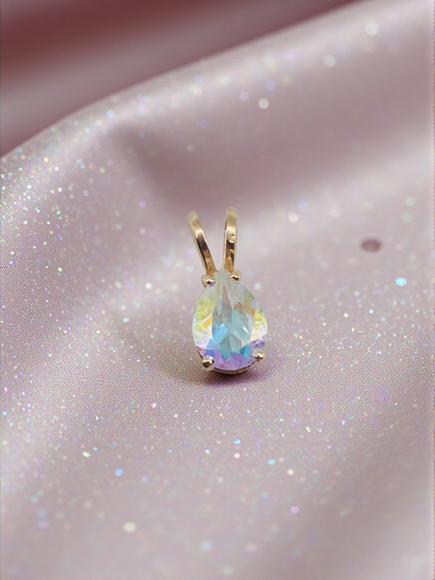 Solid 10K Yellow Gold Pendant with Pear Cut Rainbow Gemstone