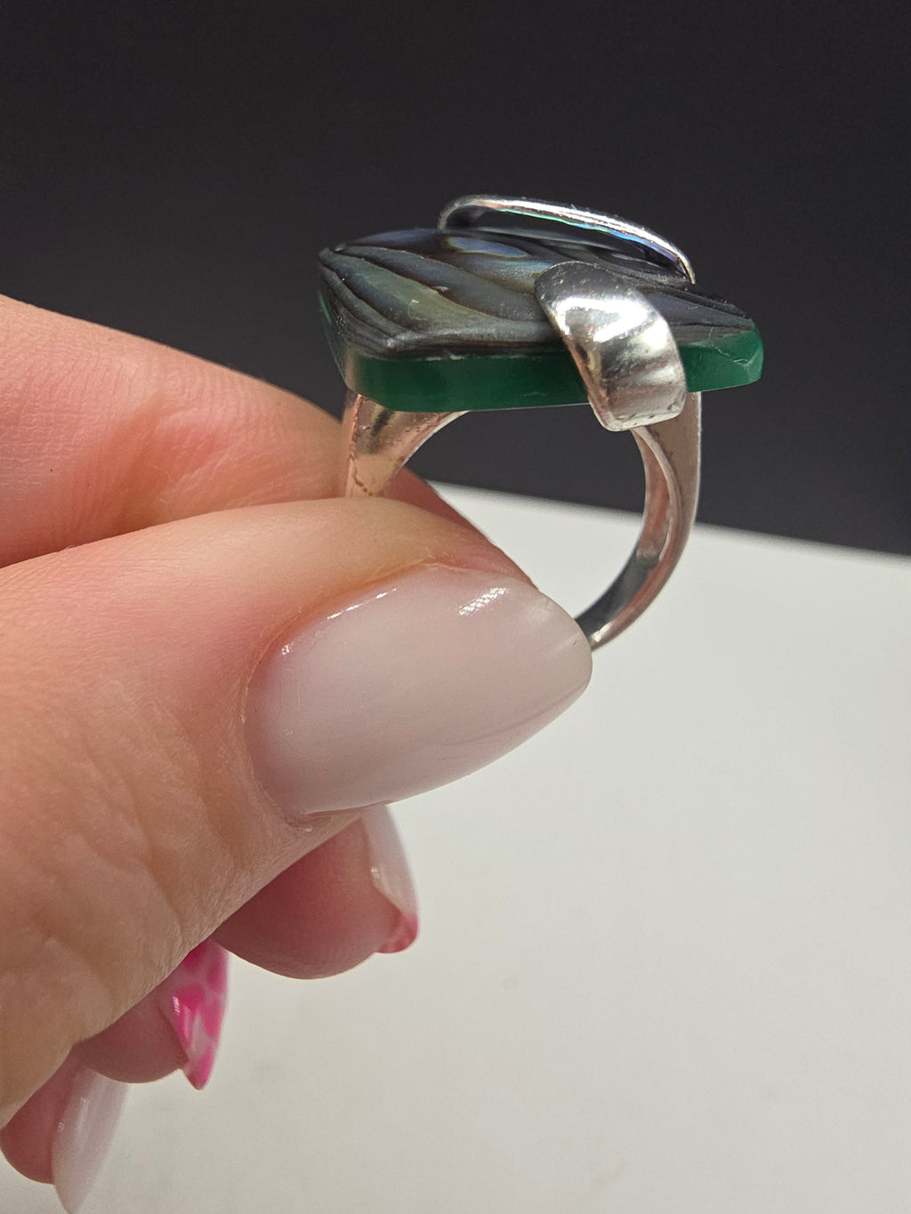 Sterling Silver 925 Abalone Paua Shell Rectangular Statement Ring Size 6