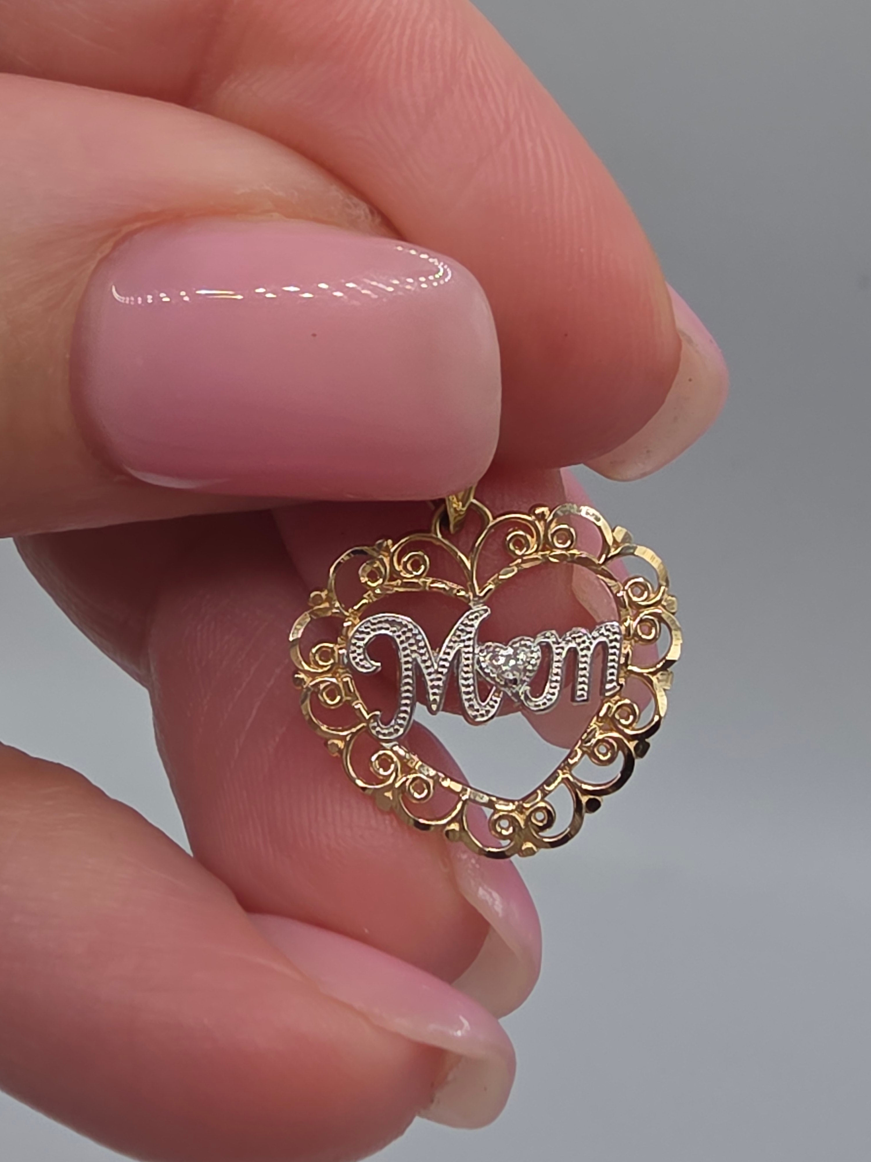 Vintage Michael Anthony Solid 14K Two Tone Mom Heart Pendant Diamond Accent