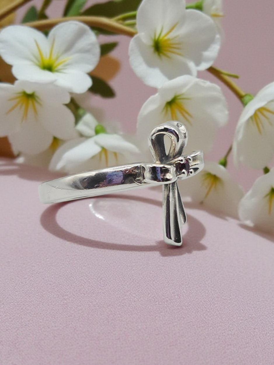 RETIRED James Avery 925 Sterling Silver Ribbon Cross Ring with Ruby - Size 5