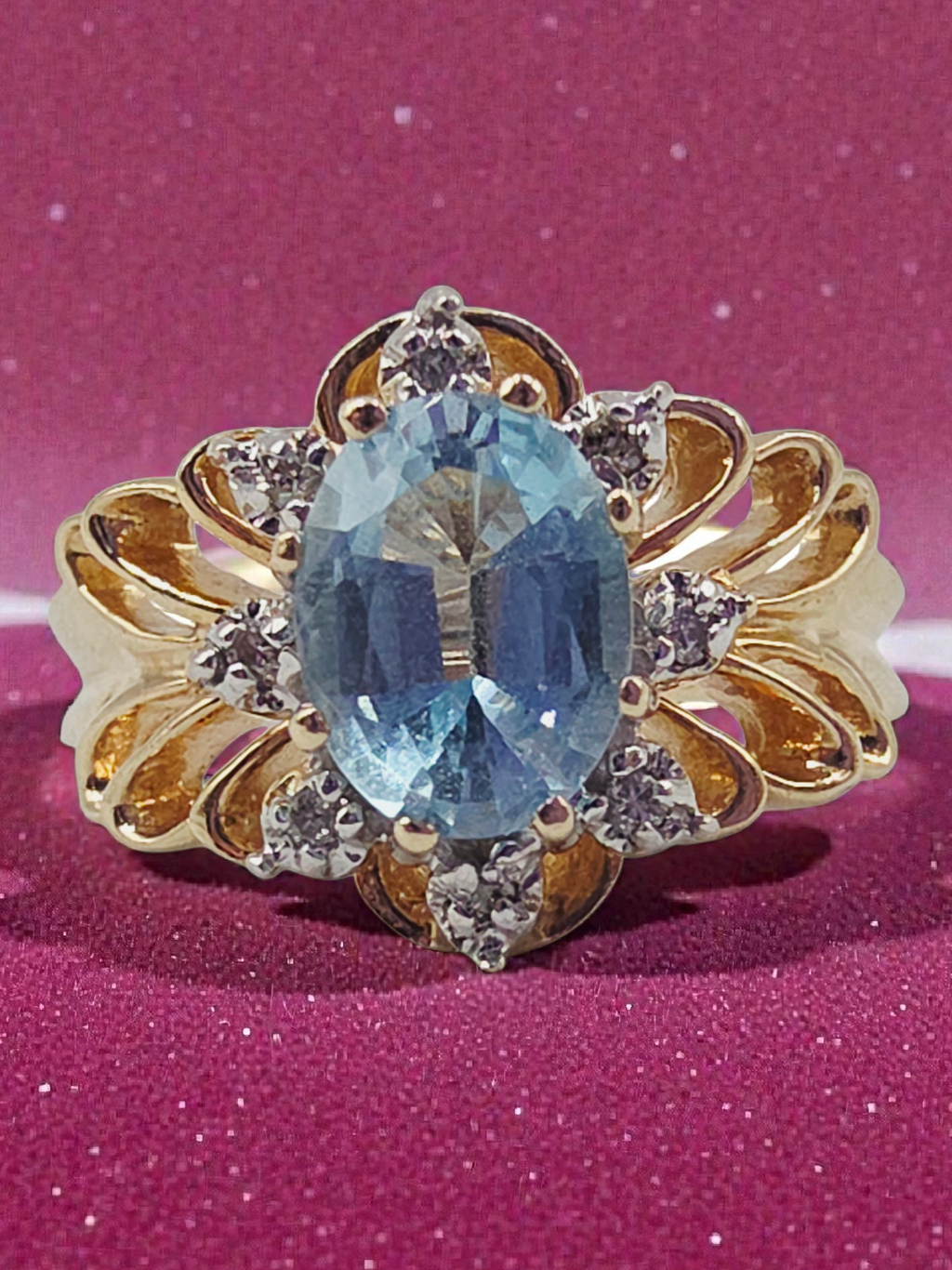 Solid 10K Yellow Gold Ring with Blue Topaz & Diamond Accents - Size 7.75