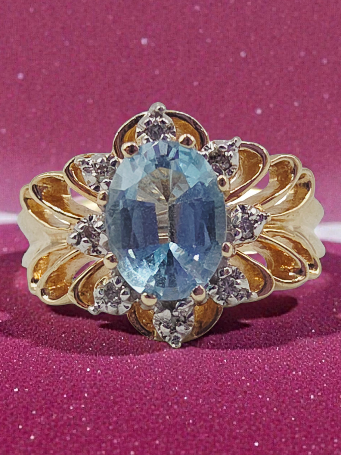 Solid 10K Yellow Gold Ring with Blue Topaz & Diamond Accents - Size 7.75