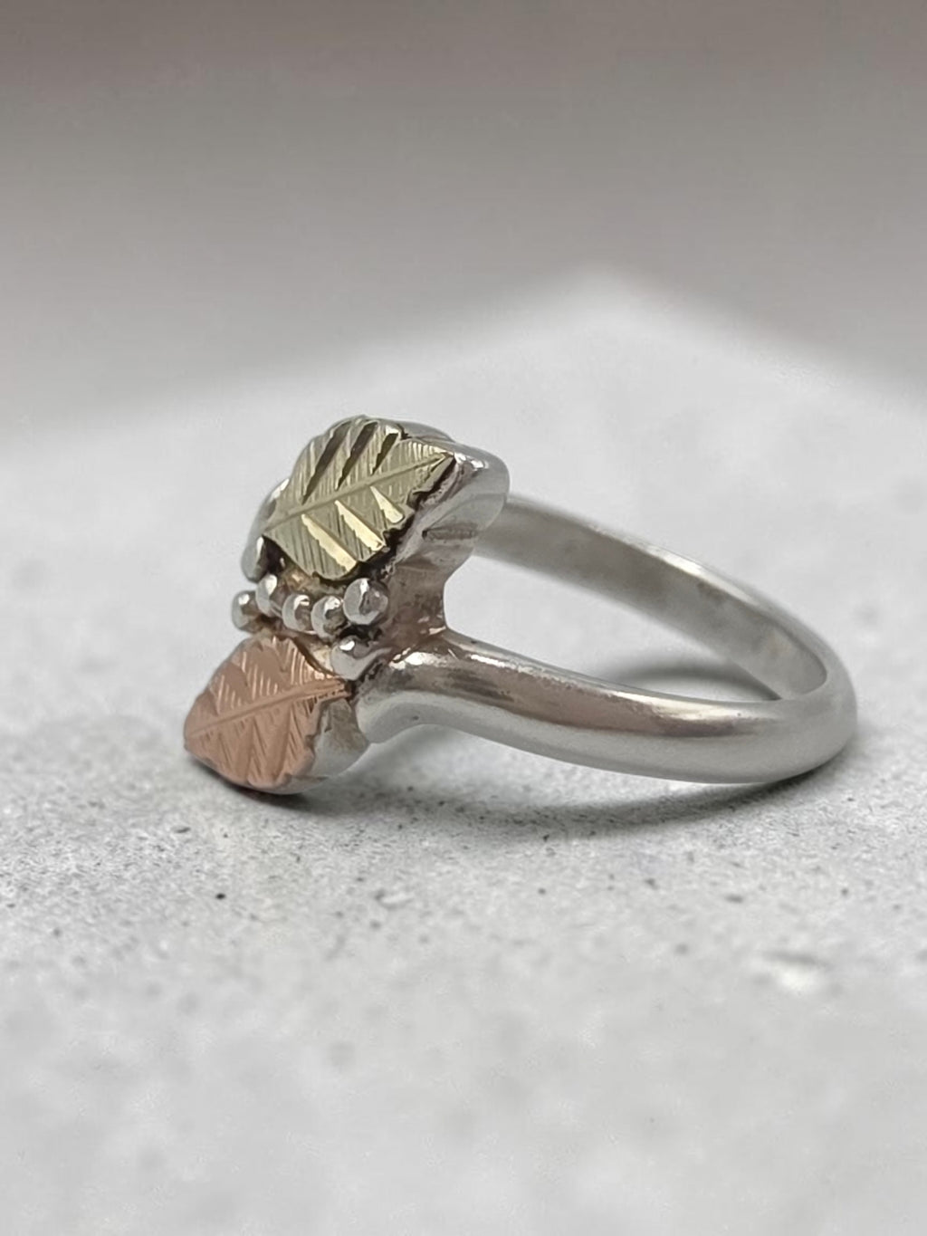 Black Hills Sterling Silver Ring with Solid 12K Gold Leaf Accents - Size 6
