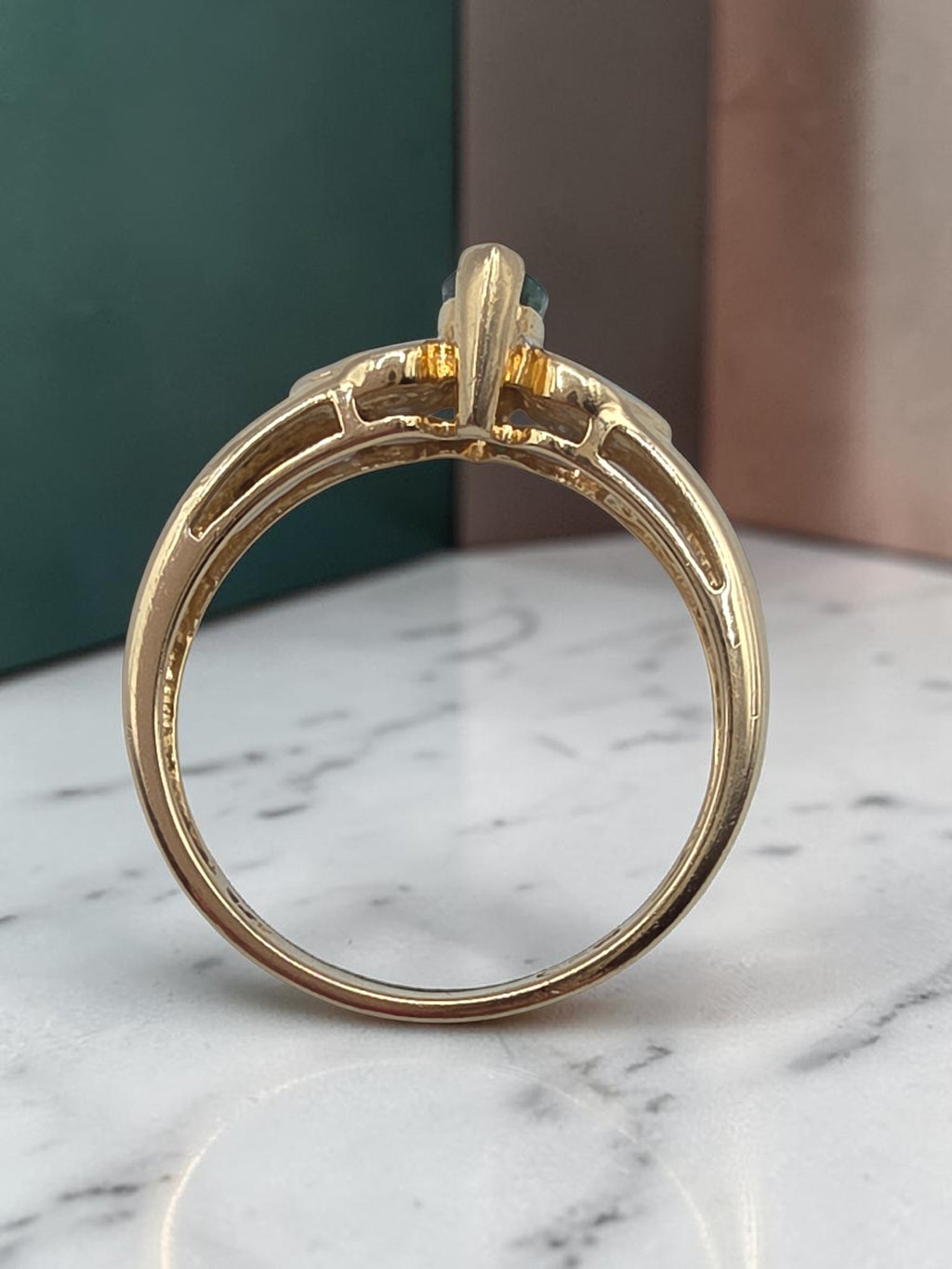 Vintage Black Hills Gold CCO Solid 14K Marquise Emerald Diamond Ring Size 6.75