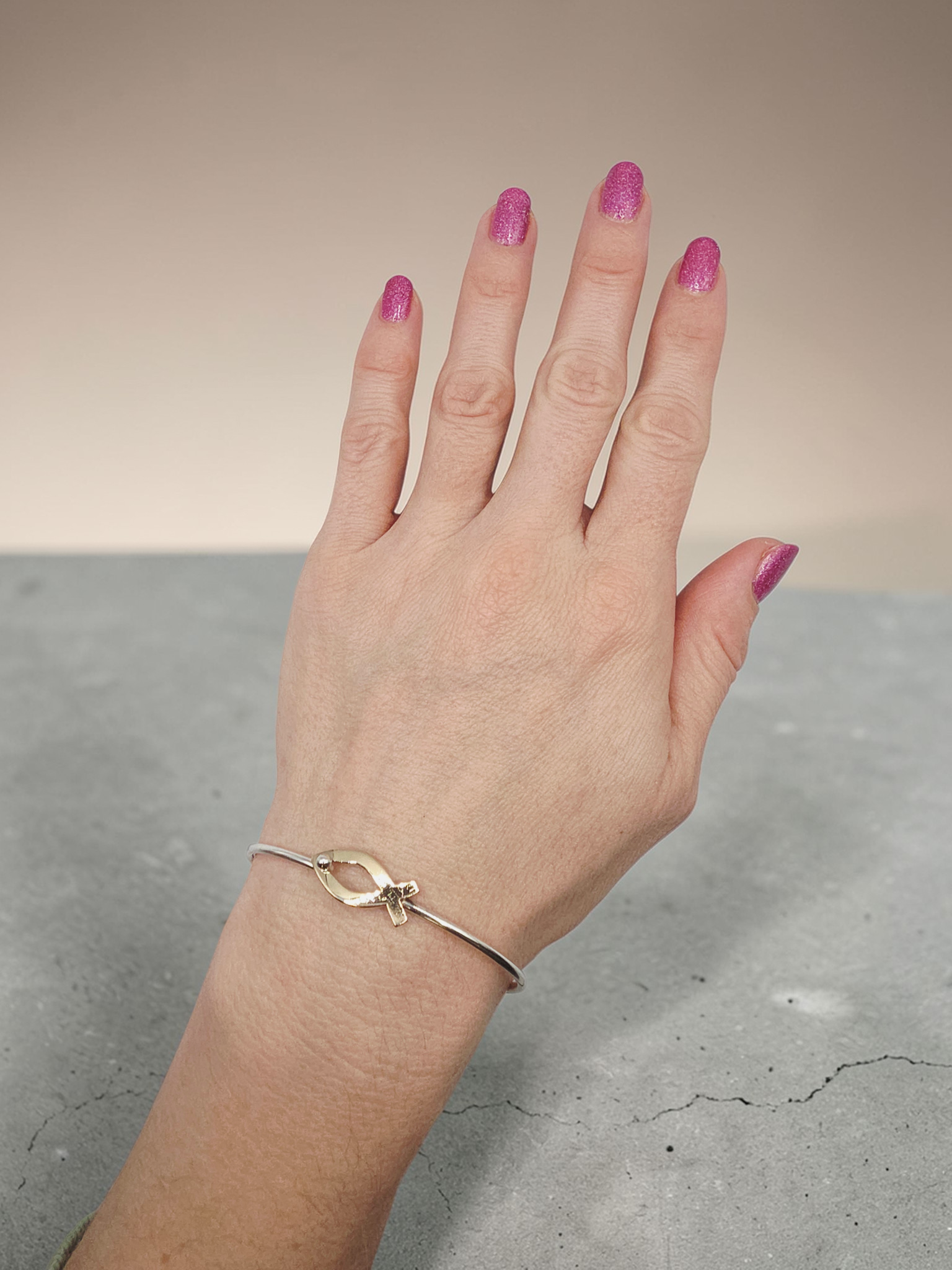 James Avery Sterling Silver Bangle Bracelet with Solid 14K Gold Ichthus - 7 Inch