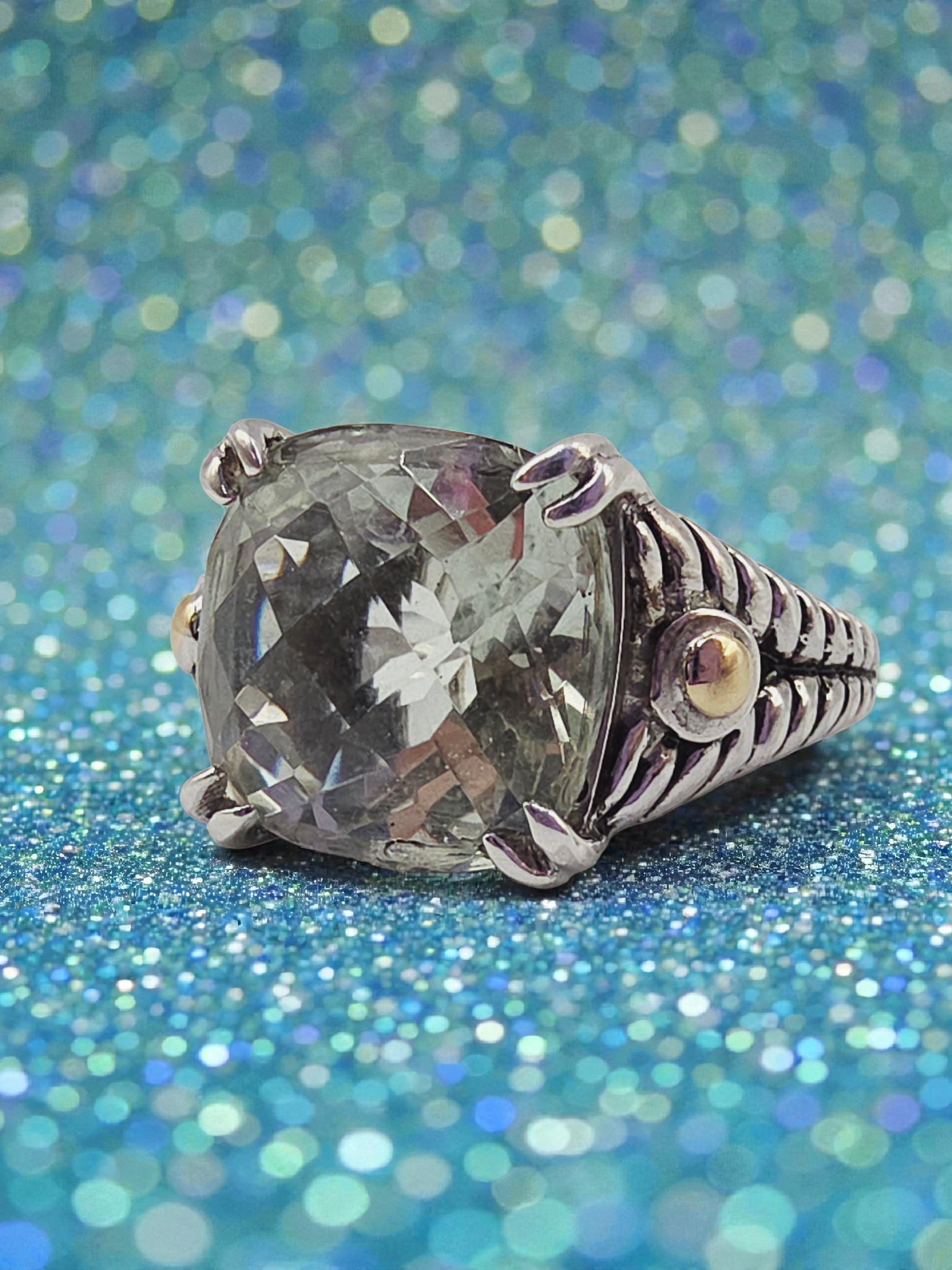 EFFY Sterling Silver Prasiolite Ring with Solid 18K Gold Accents - Size 7.25