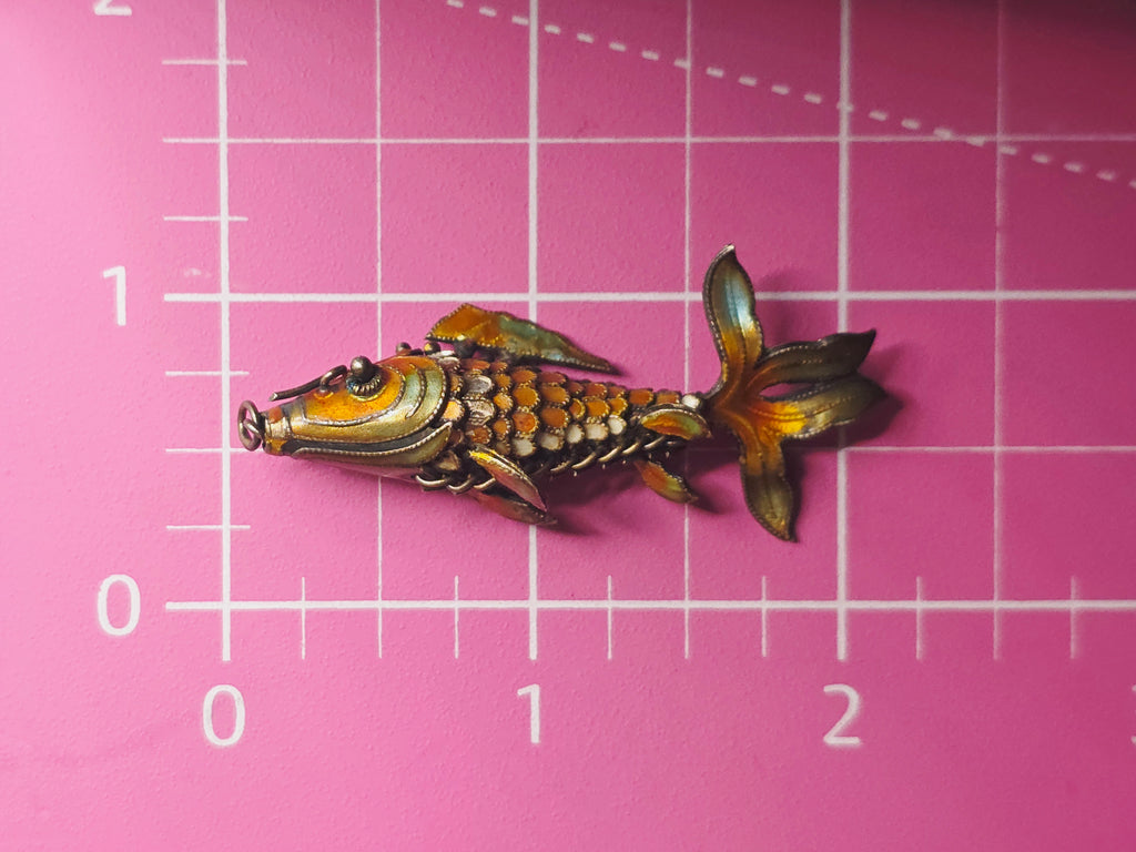 925 Sterling Silver Orange Enamel Koi Fish Articulating Necklace Pendant