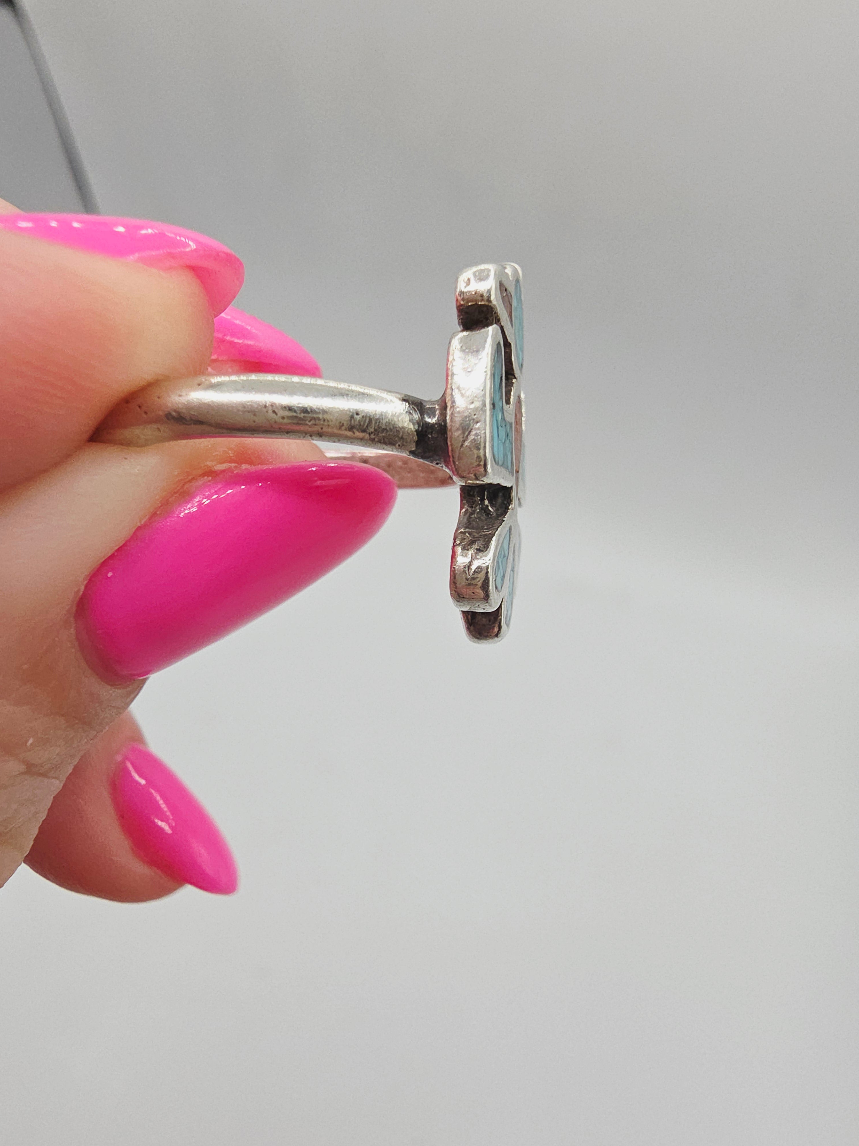 Southwestern Sterling Silver Turquoise & Coral Inlay Thunderbird Ring Size 7.75