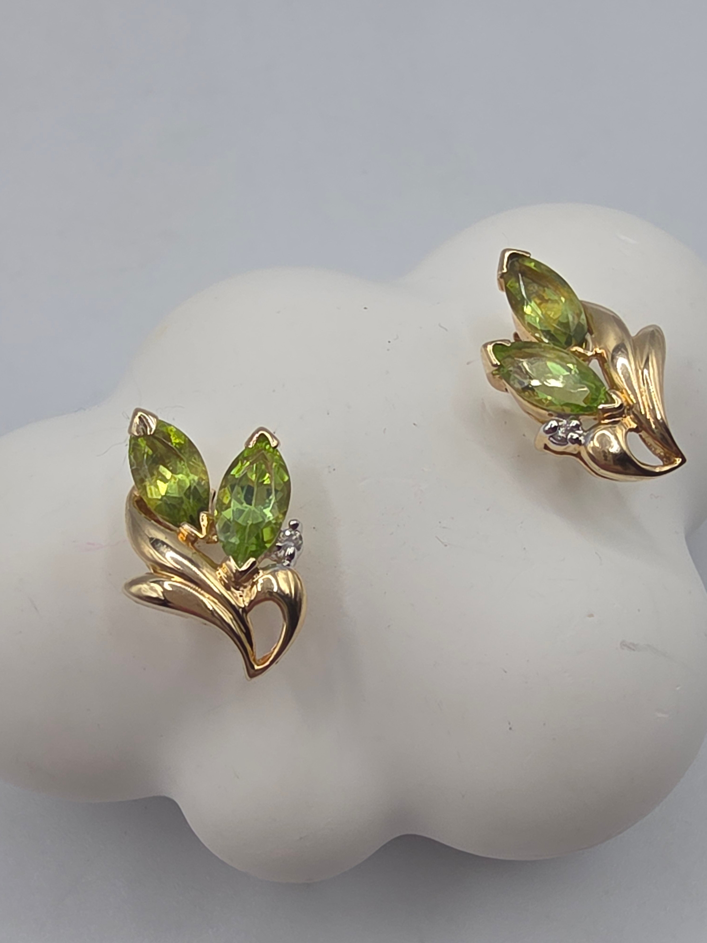 Solid 14K Yellow Gold Marquise Peridot and Diamond Floral Stud Earrings