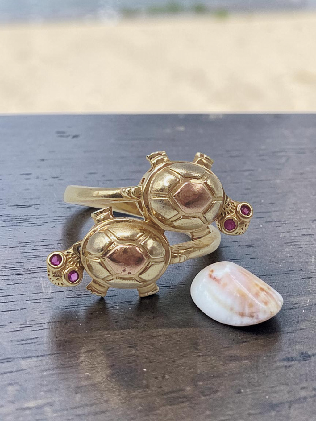 Solid 10K Tri Color Gold Turtle Ring with Articulating Heads and Ruby Eyes Sz 7