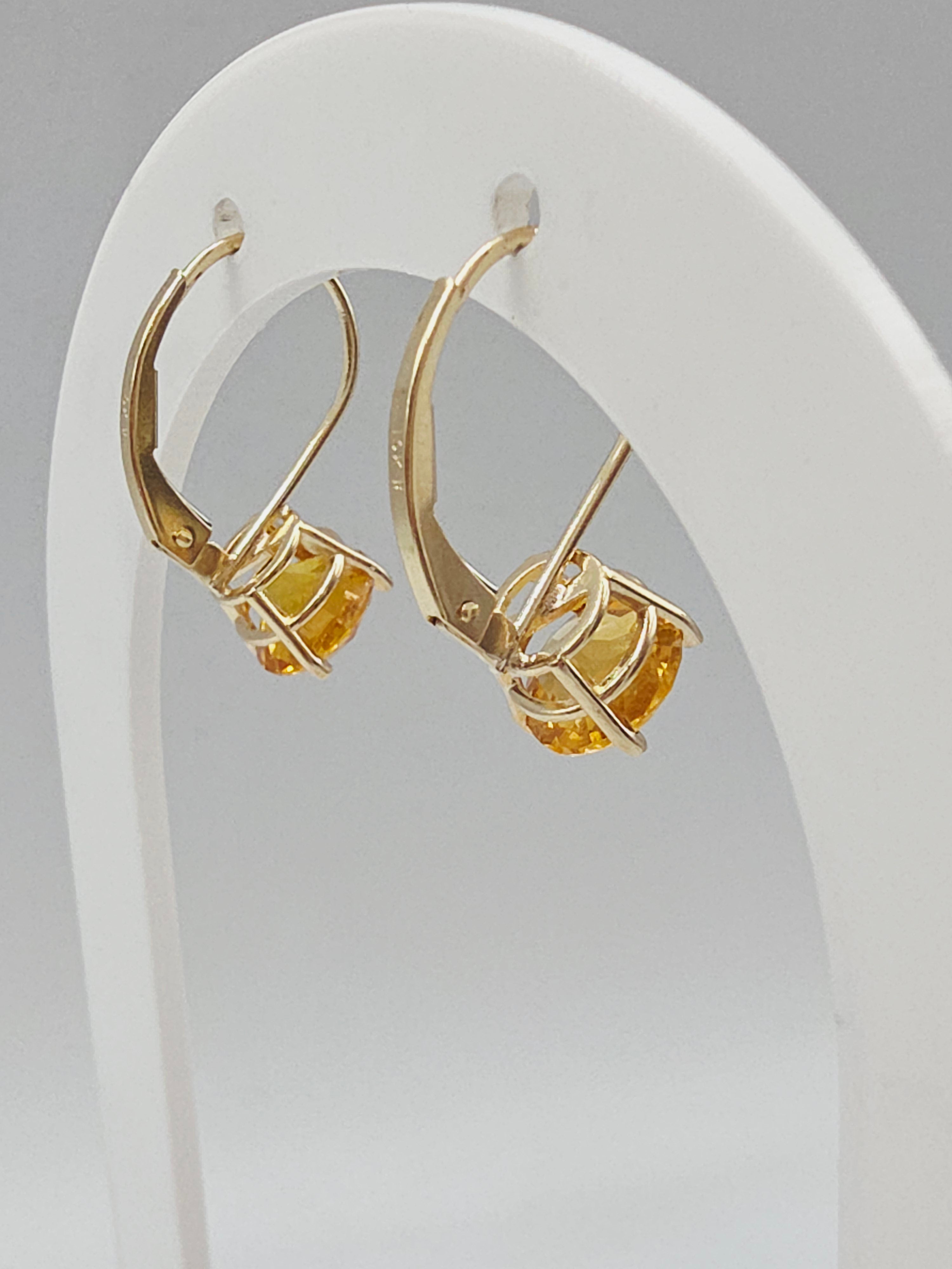Solid 14K Yellow Gold Round Cut Citrine Leverback Drop Earrings