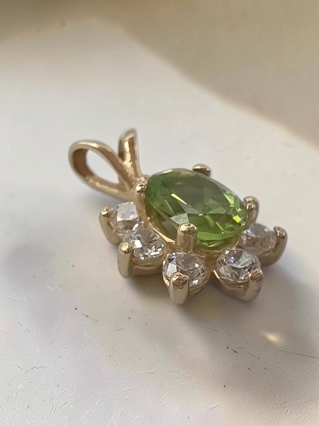 Solid 14K Yellow Gold Oval Peridot Pendant with CZ Halo