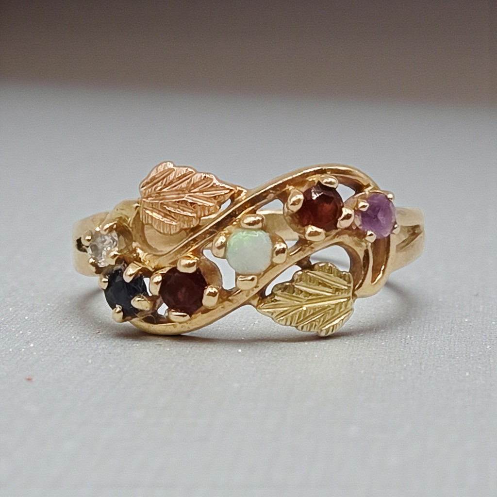 Solid 14K Yellow Gold Ring with Round Cut Opal, Garnet, Blue Topaz, Amethyst, and Diamond Size 8