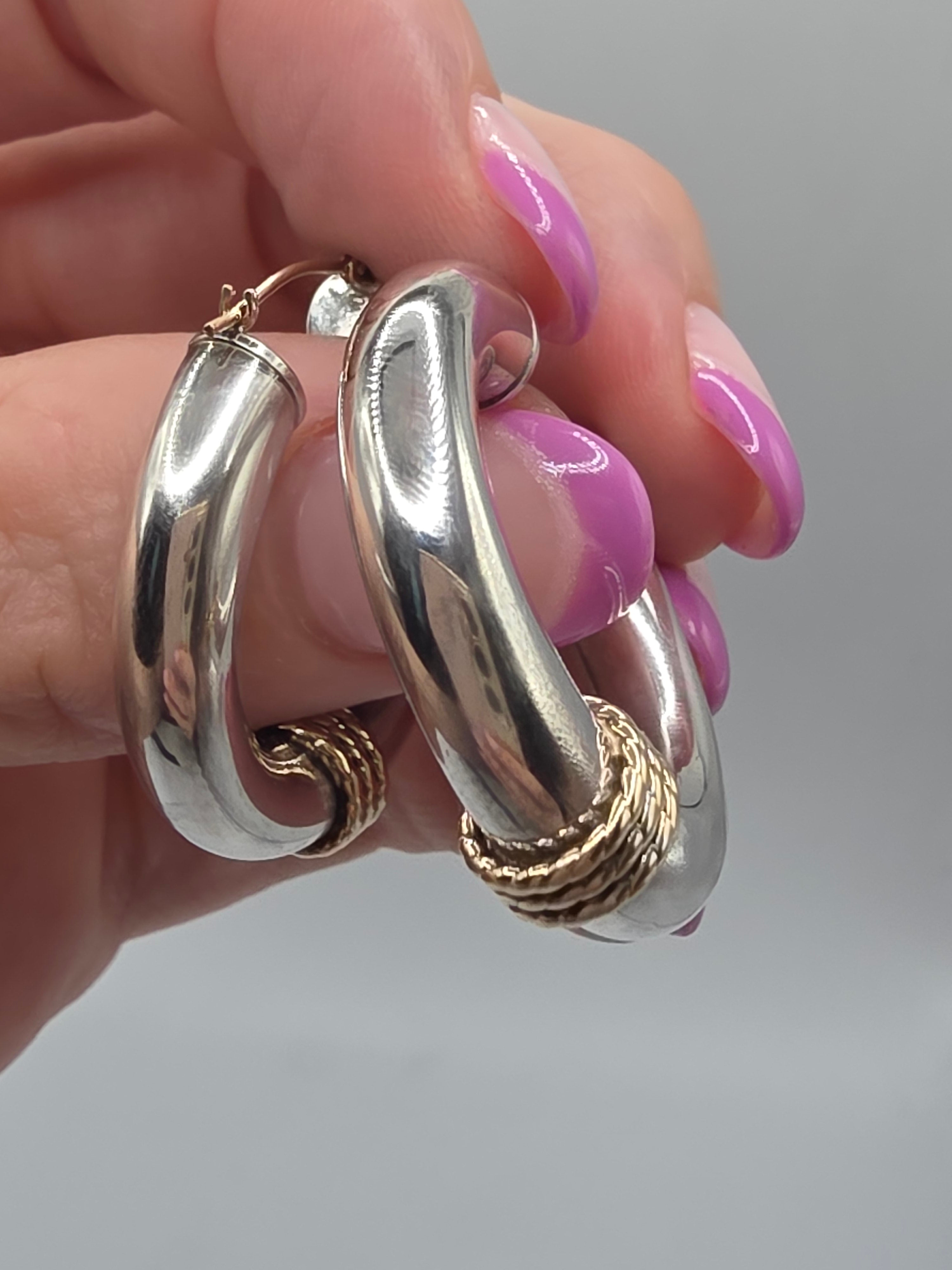 925 Sterling Silver Hoop Earrings with Solid 14K Gold Twisted Rope Accents