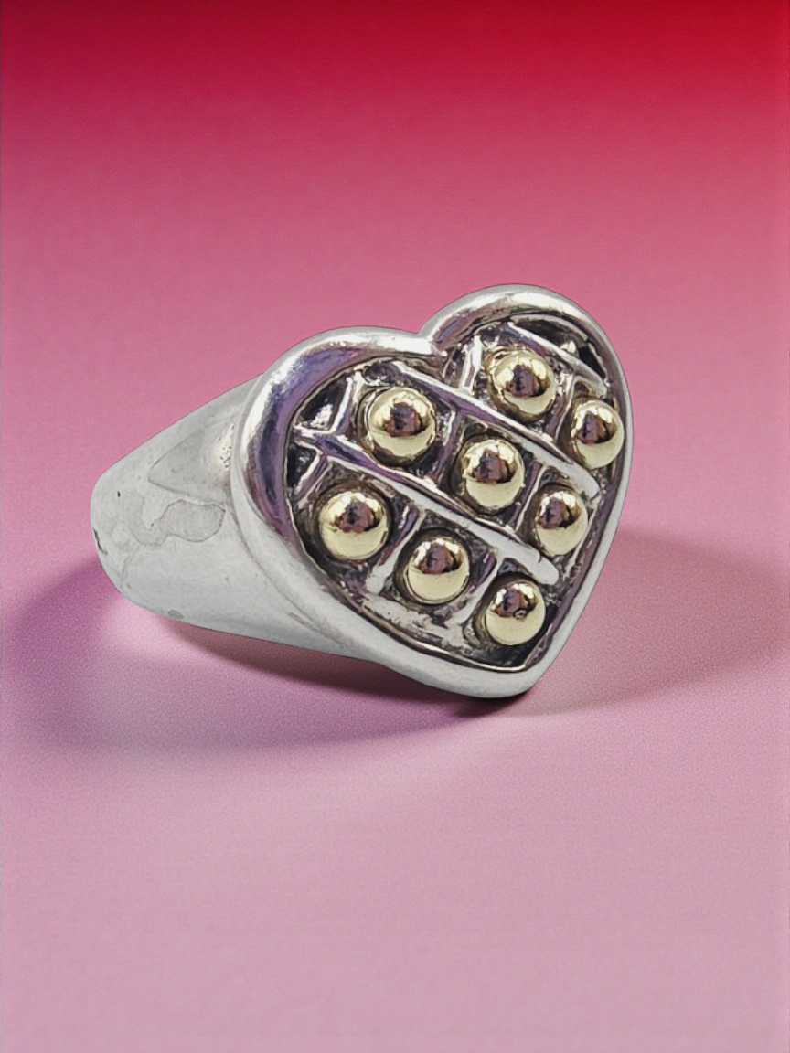 Caviar 925 Sterling Silver with 18K Yellow Gold Accents Heart Ring Size 7