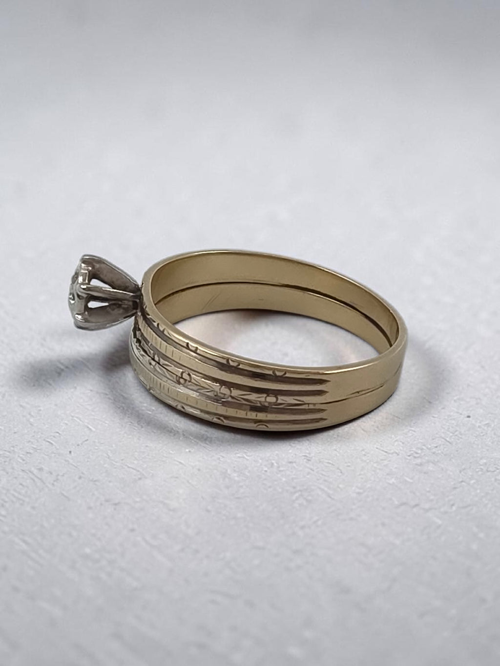 Vintage Love Story Solid 10K Two Tone Gold Diamond Bridal Wedding Ring Set Sz 7