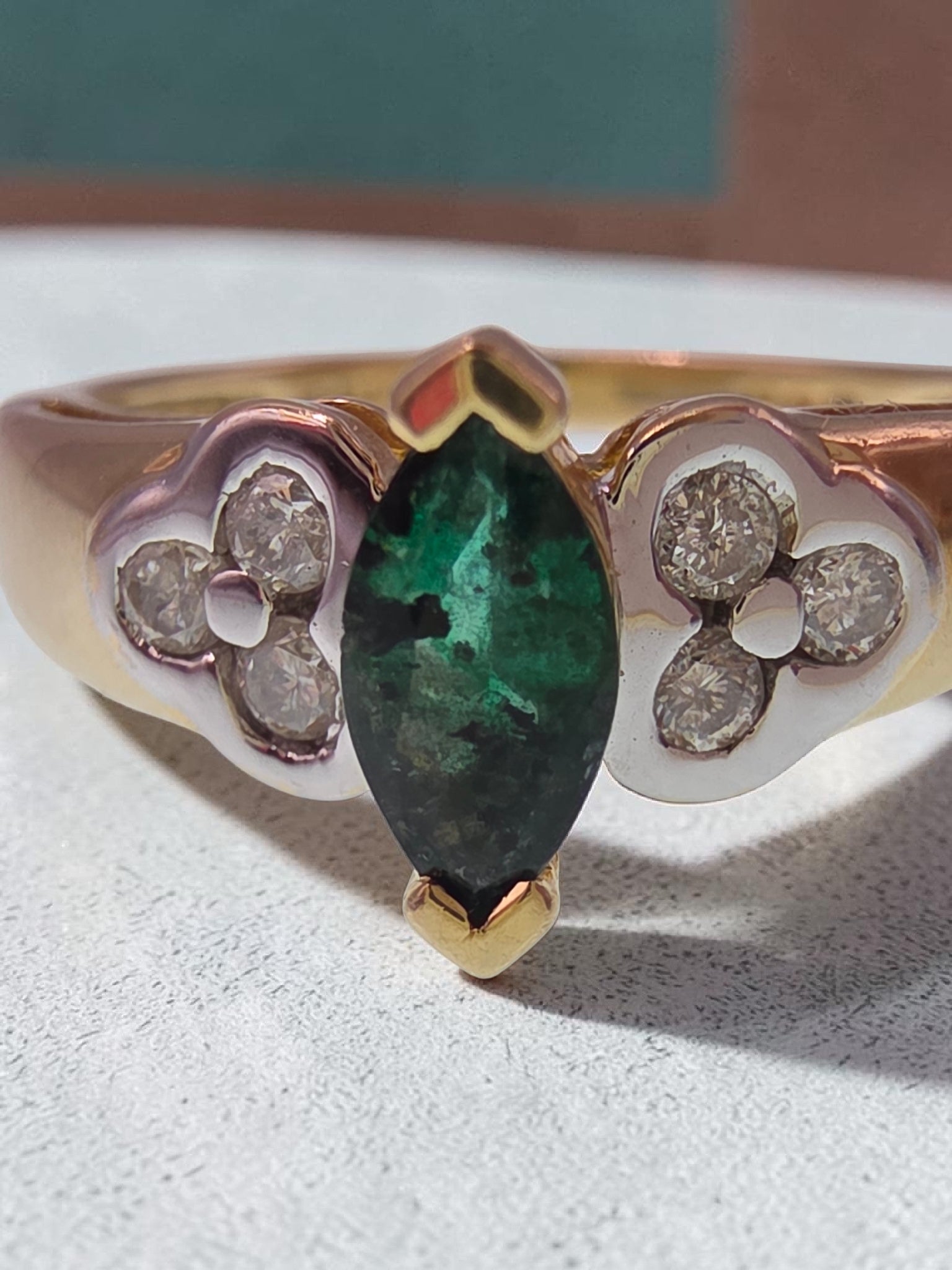 Vintage Black Hills Gold CCO Solid 14K Marquise Emerald Diamond Ring Size 6.75