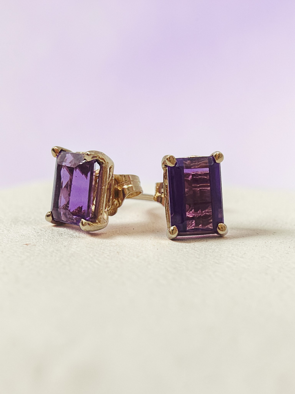 Solid 14K Yellow Gold Emerald Cut Amethyst Stud Earrings