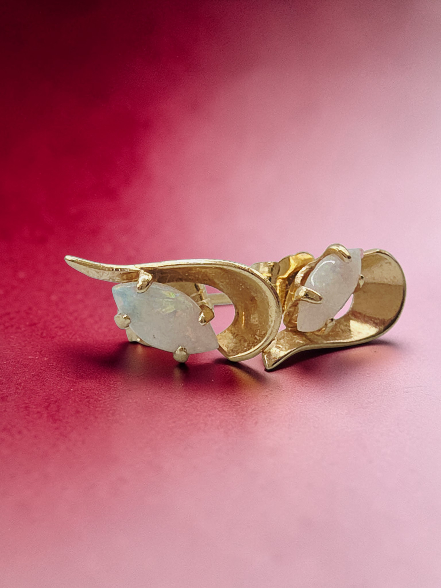 Vintage Solid 14K Yellow Gold Marquise Cut Opal Stud Earrings