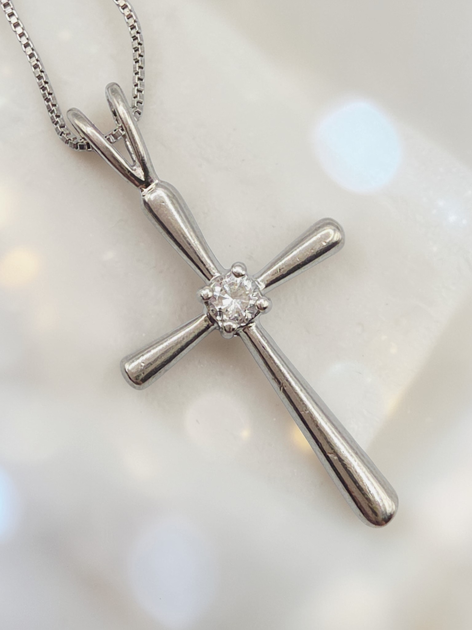 Sterling Silver Cross Pendant Boxchain Necklace with CZ Accent - 20 Inch