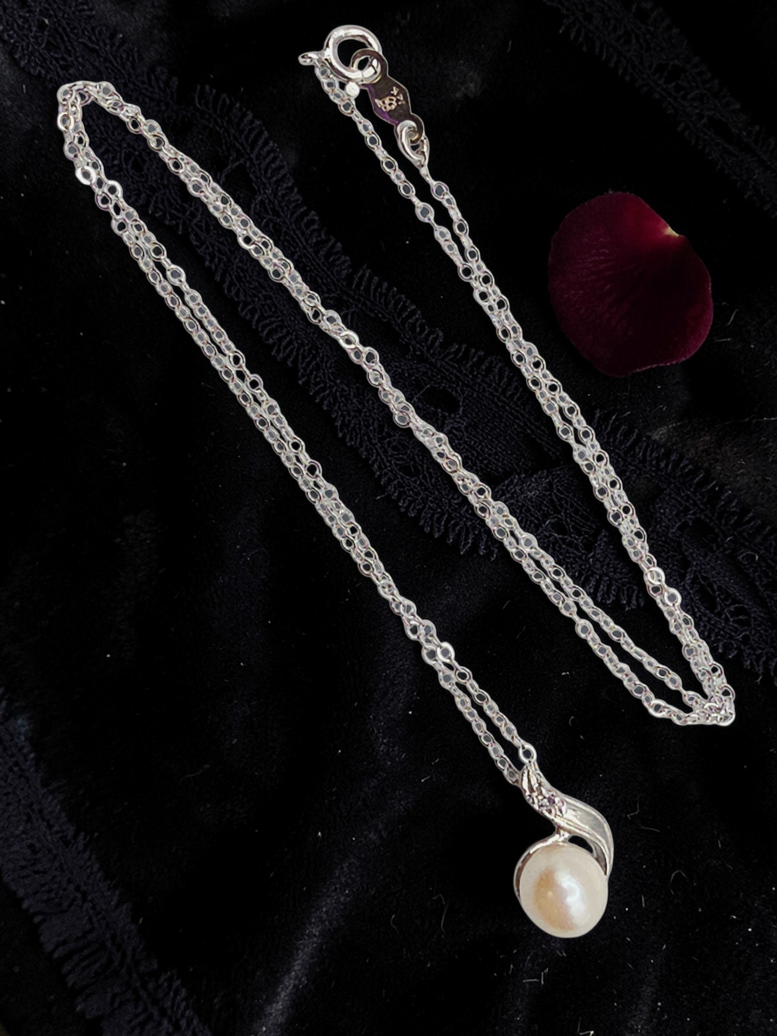 Solid 14K White Gold Necklace with Pearl and Diamond Pendant - 14.5 Inch