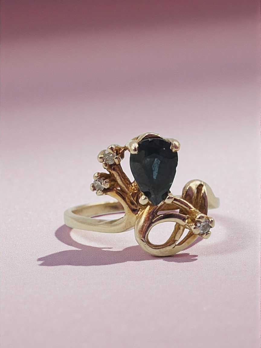 Solid 10K Gold Ring with Pear-Cut Blue Sapphire & Diamond Accents – Size 5.75