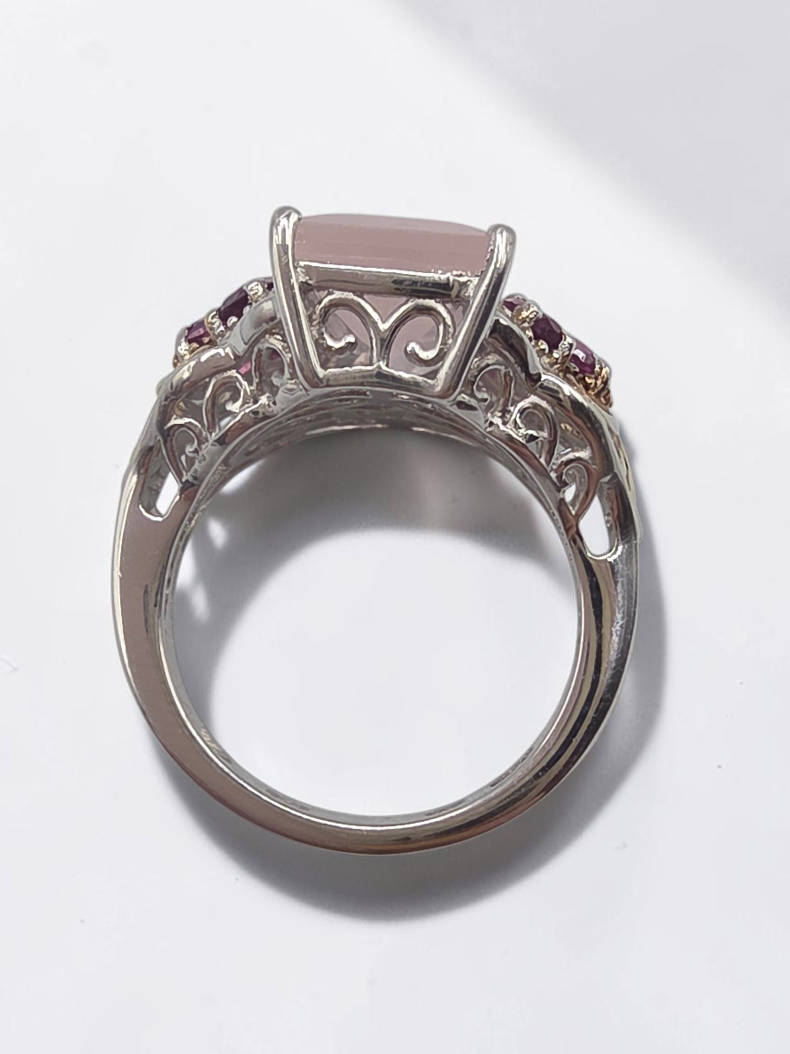 STS Jewels Sterling Silver Pink Quarts & Rhodolite Ring 18K Gold Accents Size 7