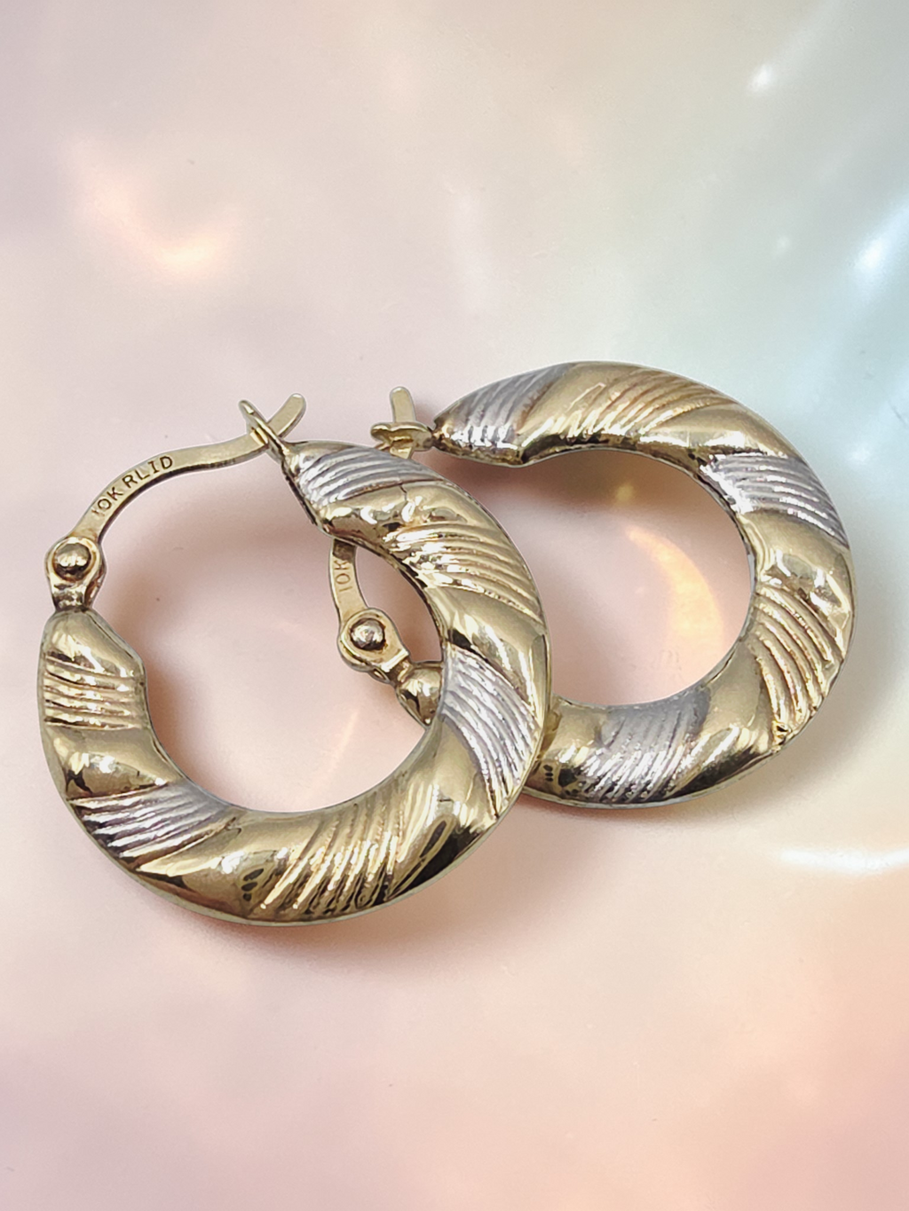 Solid 10K Two-Tone Gold Ribbed Textured Hoop Earrings