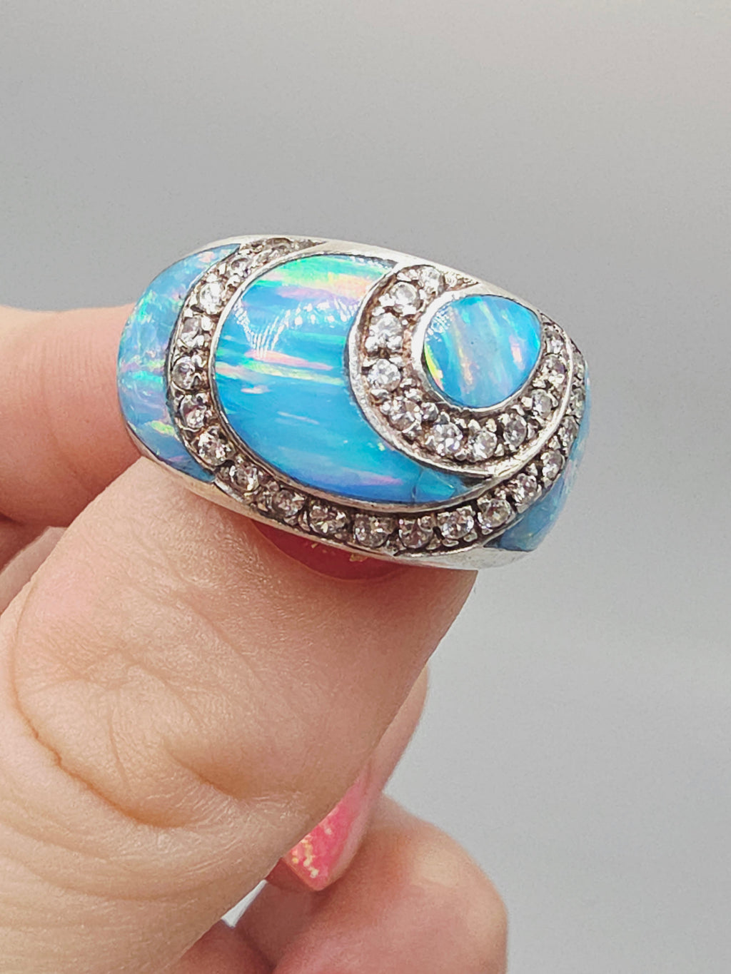 Unique 925 Sterling Silver Ring with Blue Opal and CZ accents - Size 8