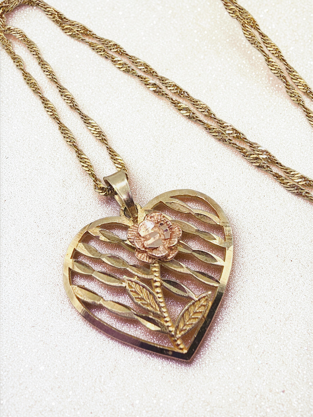 Solid 10K Two-Tone Gold Rose in Heart Pendant Necklace - 18 Inch - Italy