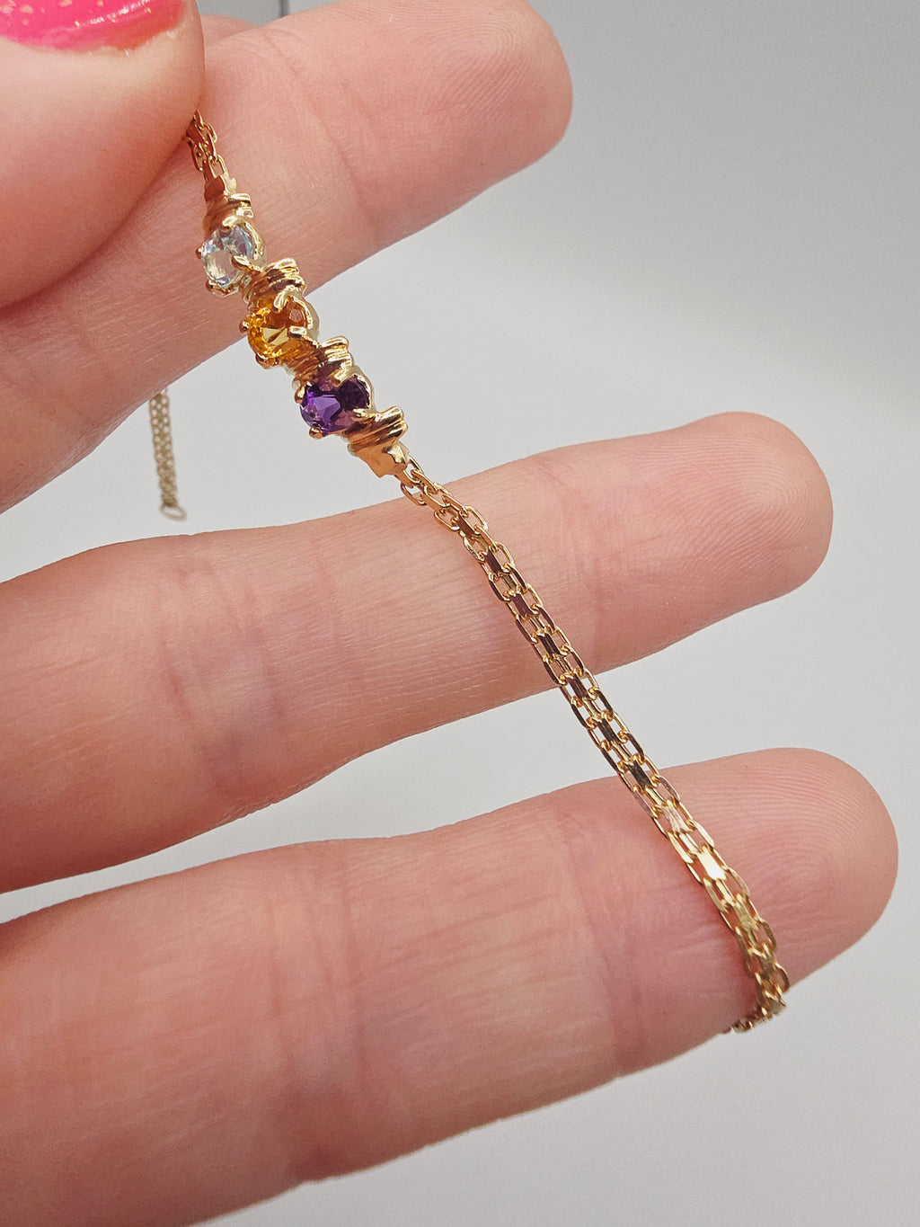 Solid 14K Gold Bracelet with Amethyst, Citrine, and Blue Topaz - 7 Inch