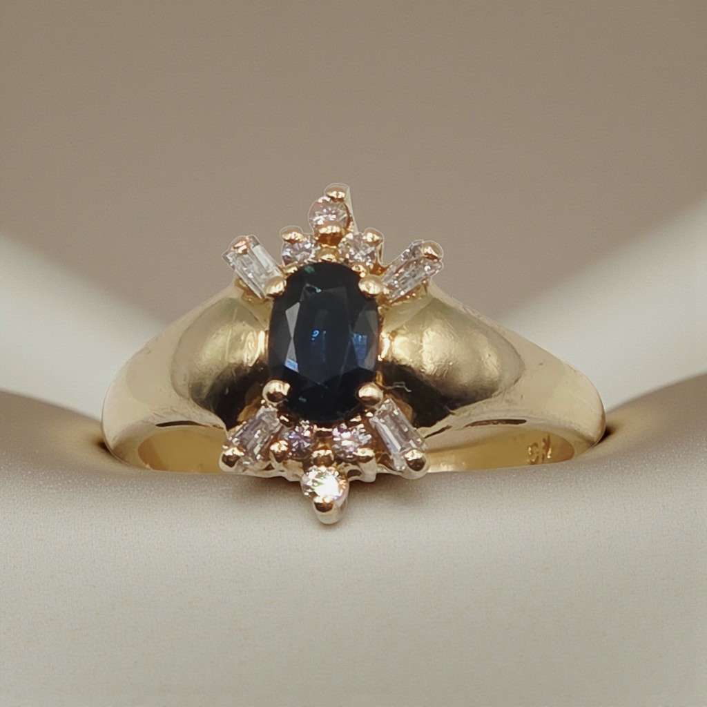Solid 14K Yellow Gold Ring with Blue Sapphire and Diamond Accents – Size 6.5