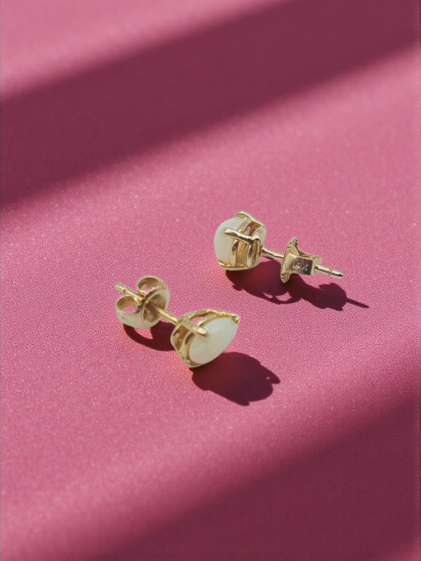 Solid 14K Yellow Gold Stud Earrings with Pear Cut Opals