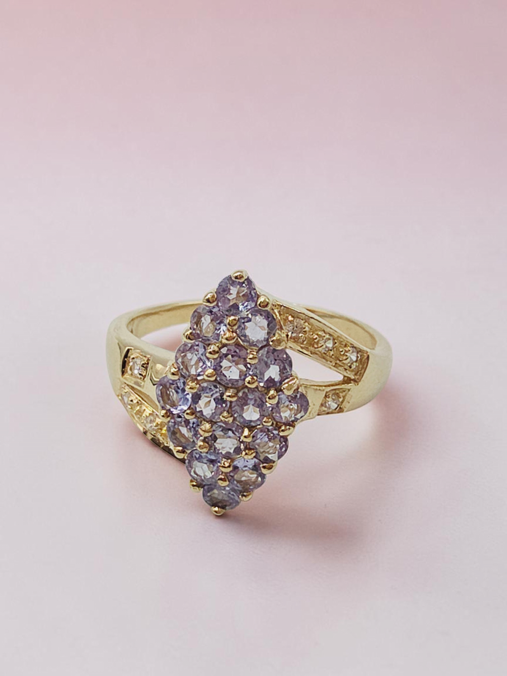Solid 10K Yellow Gold Tanzanite Cluster Ring - Size 8