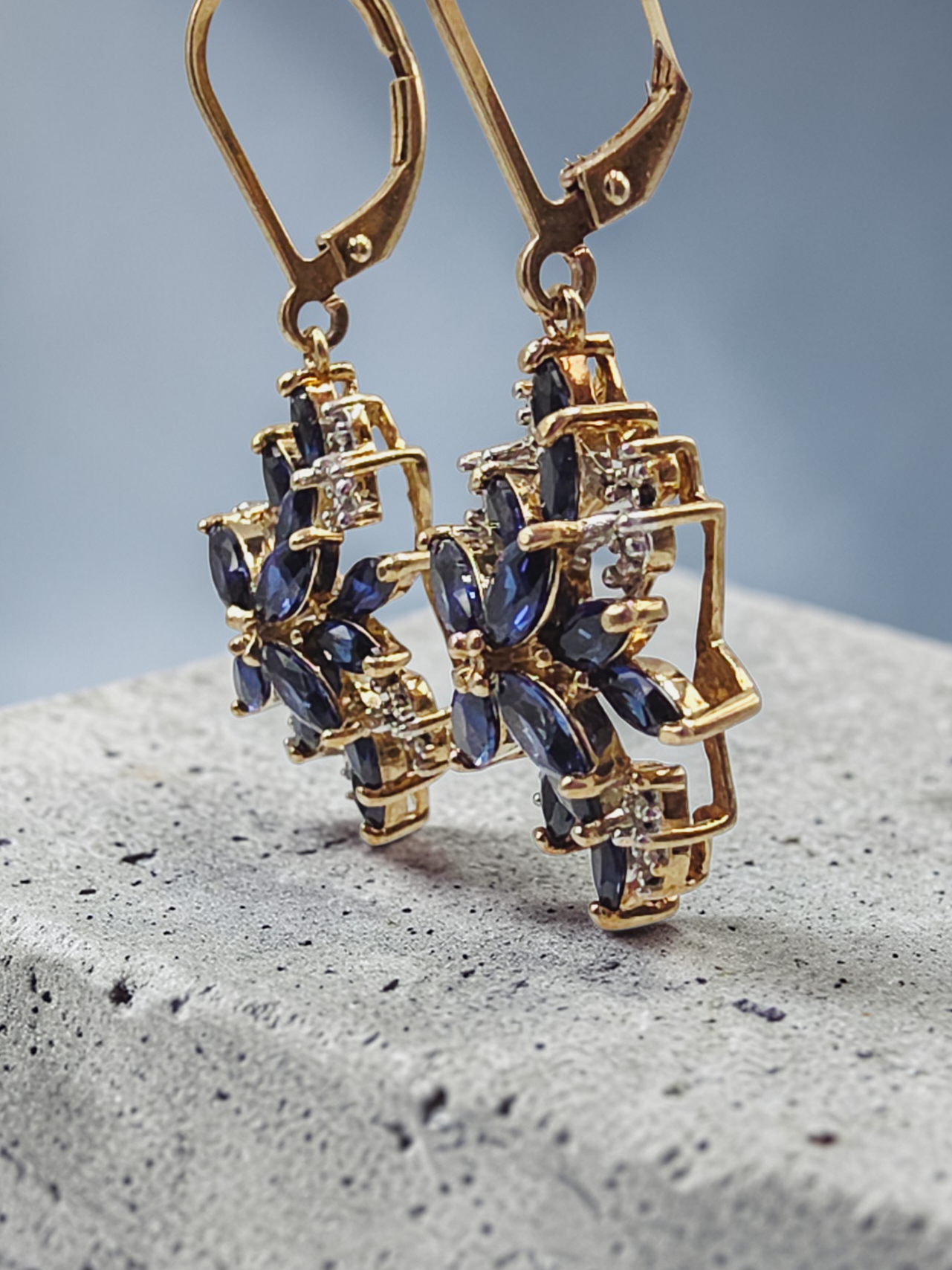 925 Sterling Silver Gold Vermeil Earrings with Blue Sapphire & Diamond Cluster