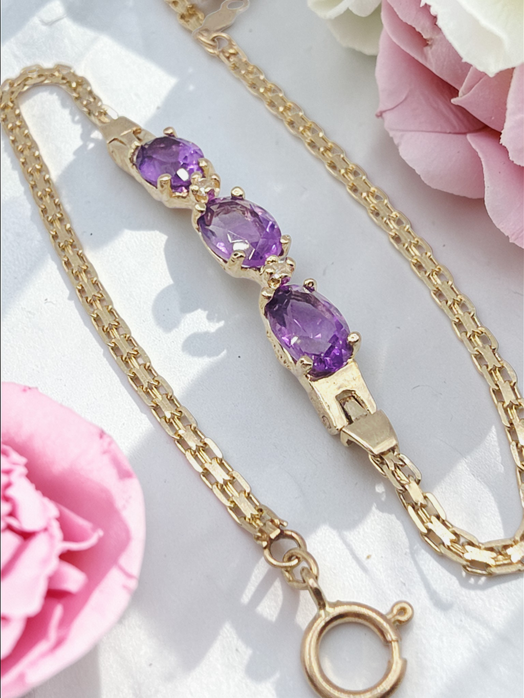 Vintage ATL Solid 14K Yellow Gold Bracelet with Amethyst & White Topaz 7.5 Inch