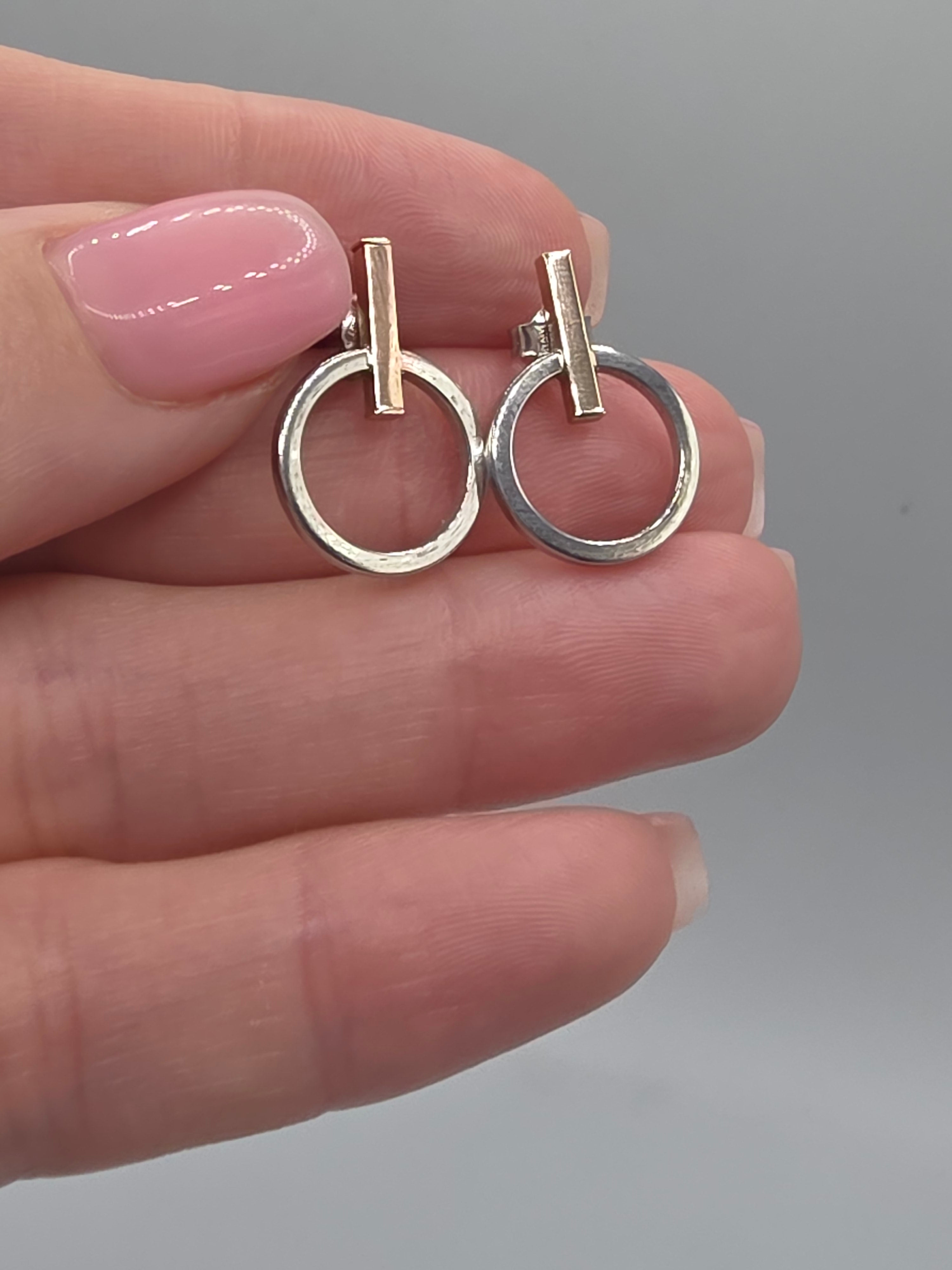 LLJ Lindsey Leigh 14K White Rose Gold Bar Circle Geometric Stud Earrings Italy