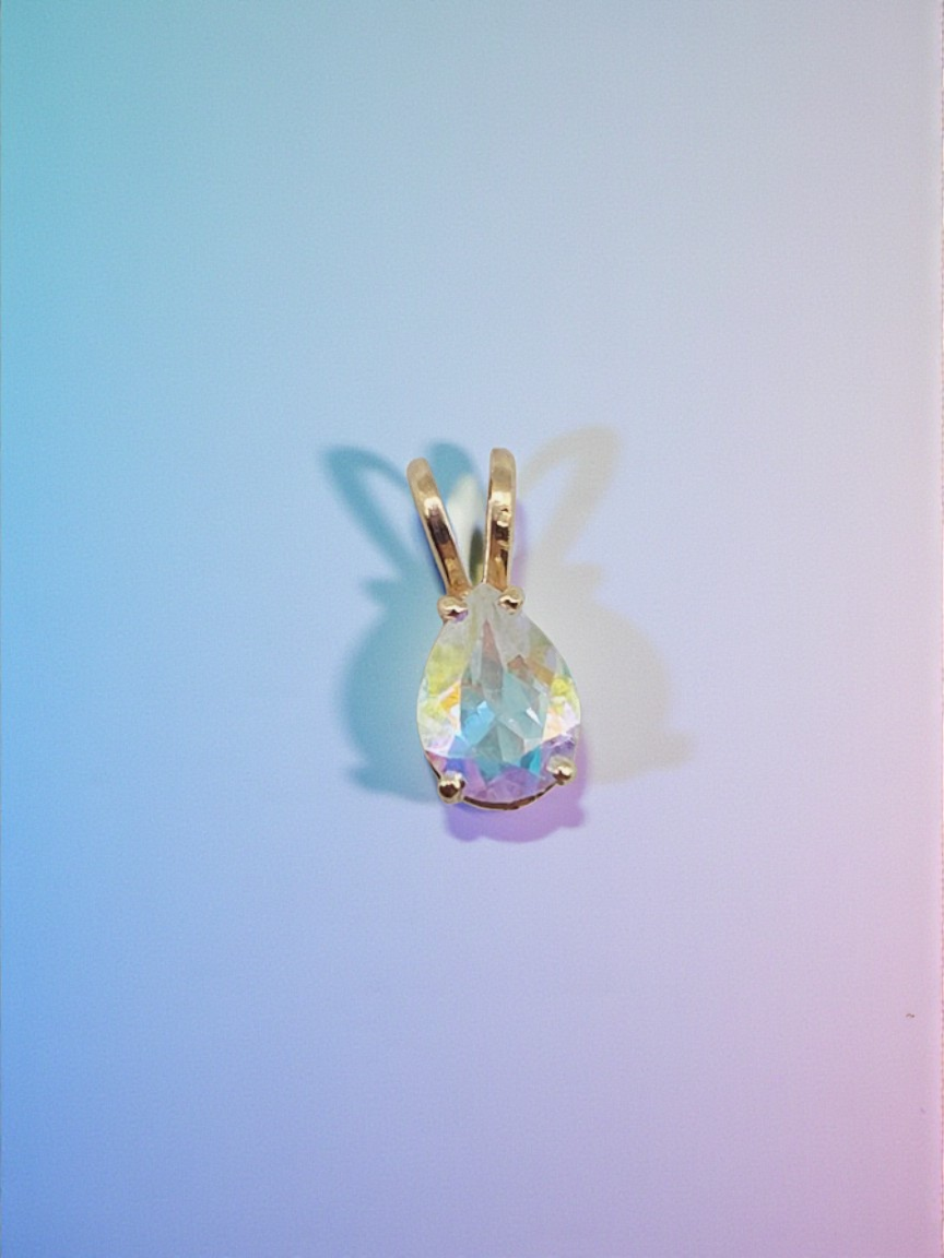 Solid 10K Yellow Gold Pendant with Pear Cut Rainbow Gemstone