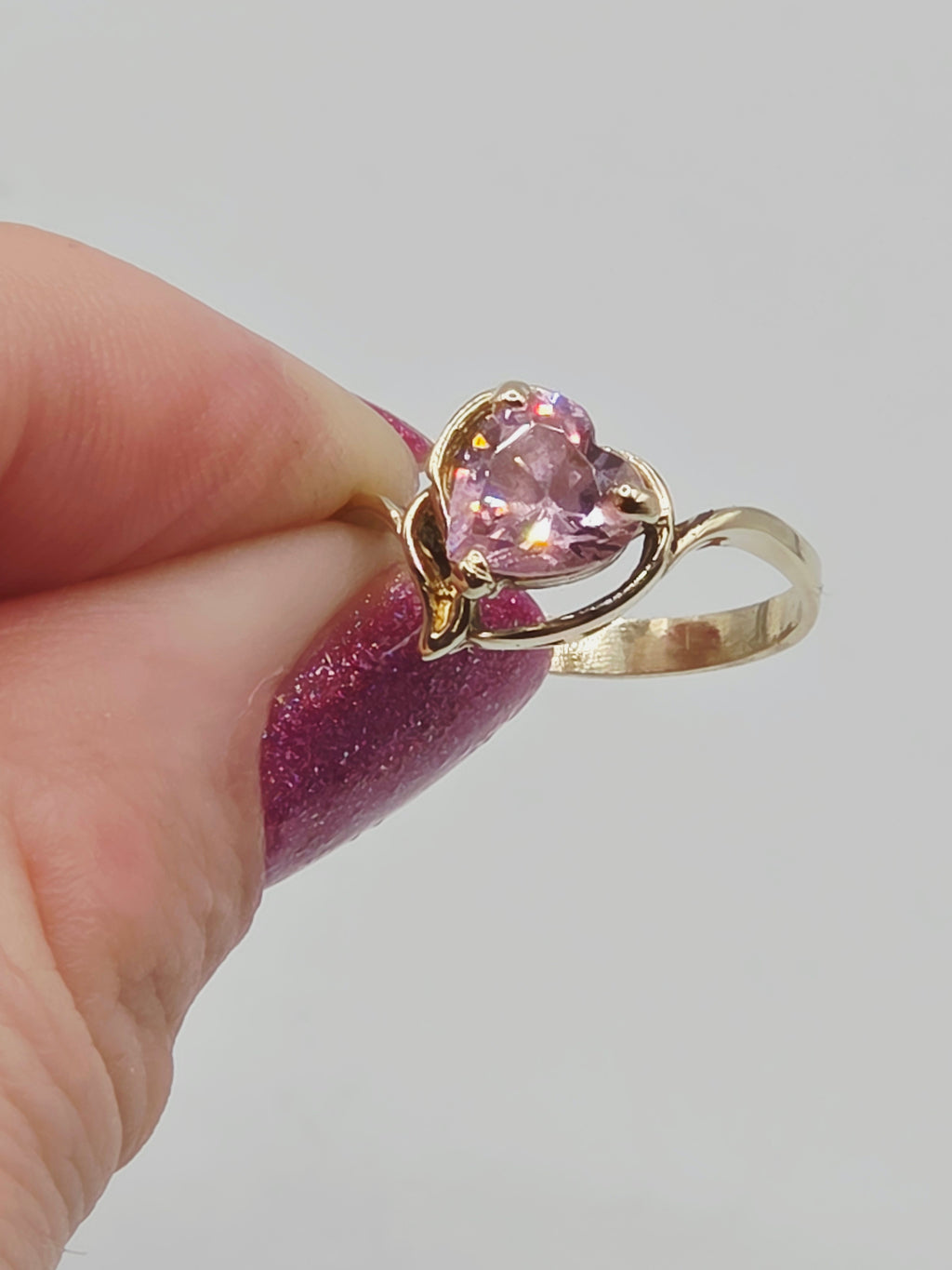 Solid 10K Yellow Gold Ring with Heart-Cut Pink Tourmaline - Sz 7